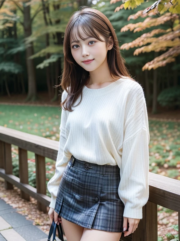 in 8K,Best Quality:1.4, 超A high resolution:1.5, (Photorealistic:1.4),masterpiece:1.2,(top-quality:1.4)、 Raw photo、Japan girls in casual clothes、Hi-Res、The ultra-detailliert、natural skin textures:1.3, realistic eyes and face details:1.7、nogizaka, cute face、30-years old:1.2、thighs thighs thighs thighs、beauty legs、Textured skin:1.2 、 (Shy smile:1.2)、Medium chest、Black eyes with beautiful details、(Casual clothing:1.2)、FULL BODYSHOT、Colored leaves、Cute mini skirt with plaid pattern:1.2、is standing、autumnal、(Park on the hill)、beautful view、Panchira