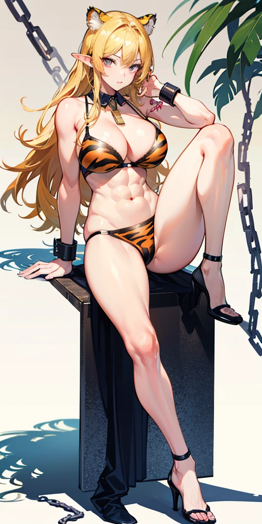 (plain background, masterpiece, best quality, ultra-detailed, best shadow, best rendering: 1.2) (1girl) (8k) (photorealistic:1.4) best quality, ultra high res, highly detailed eyes, Sexy pose, cleavage cutout, female white long hair in yellow bikini with tiger stripes on it, abs, full body, tanned skin, high heels, tiger tail, slave collar on neck, elf female, tattered clothes, shackles on arms and legs, red navel tattoo, abs, stomach exposed