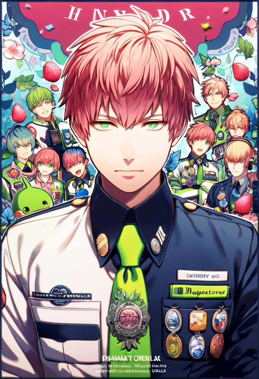 absurdres, highres, ultra detailed, HDR, masterpiece, Noiz, strawberry-blond hair, short hair, expressive green eyes, Dramatical Murder, dark navy and white collared shirt with a long sleeved black undershirt, a green tie, and multiple badges on his chest pocket and tie, designed with decorations such as blue leaves, blossoms and birds, 1man, handsome, petals