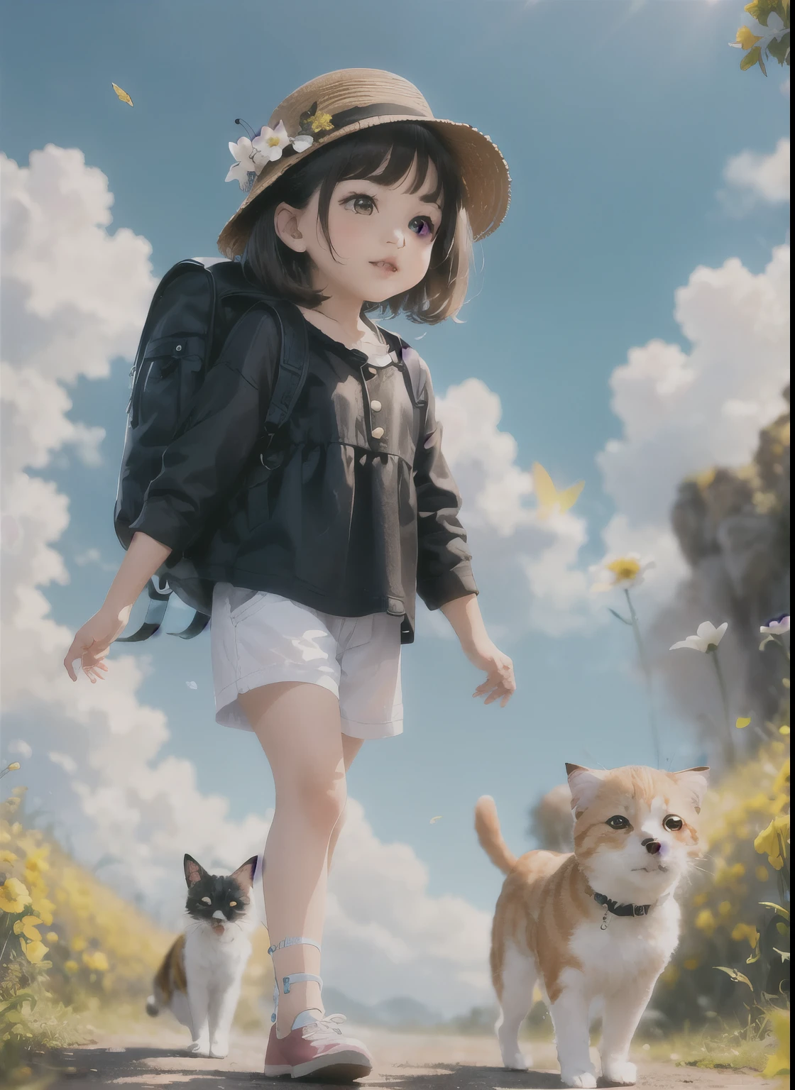 junkotvv, cabello largo con flequillo y orejas de gato, ojos rojos, An incredibly charming man carrying a backpack., accompanied by her adorable puppy, enjoying a beautiful spring excursion surrounded by beautiful yellow flowers and natural landscapes. The illustration is in high definition with 4k resolution., con rasgos faciales muy detallados y visuales de estilo de dibujos animados, (Danza de la mariposa)