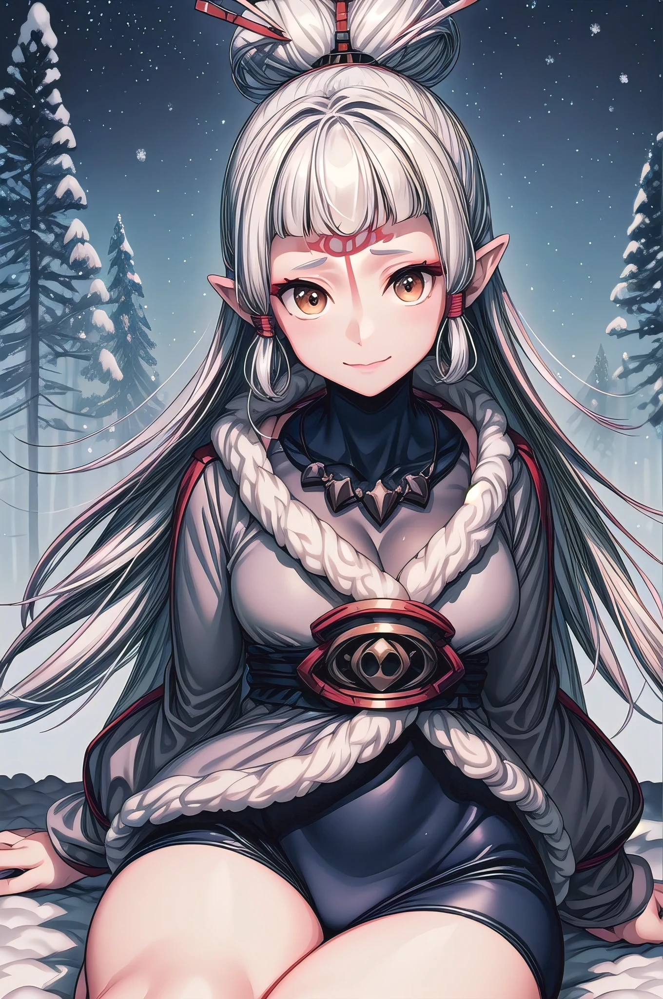(masterpiece, best quality:1.2), solo, 1girl, Paya, expressionless, looking at viewer, ahoge, bodysuit, outer space, (happy,smile,(centered,scale to fit dimensions,Rule of thirds), ((snowy pine forest at night)), with dark stormy clouds,winter,scenery:1.25,((snow forest background)),Christmas tree, (((vibrant colors,vibrant theme))),(intricate),(masterpiece),(best quality), Sitting
