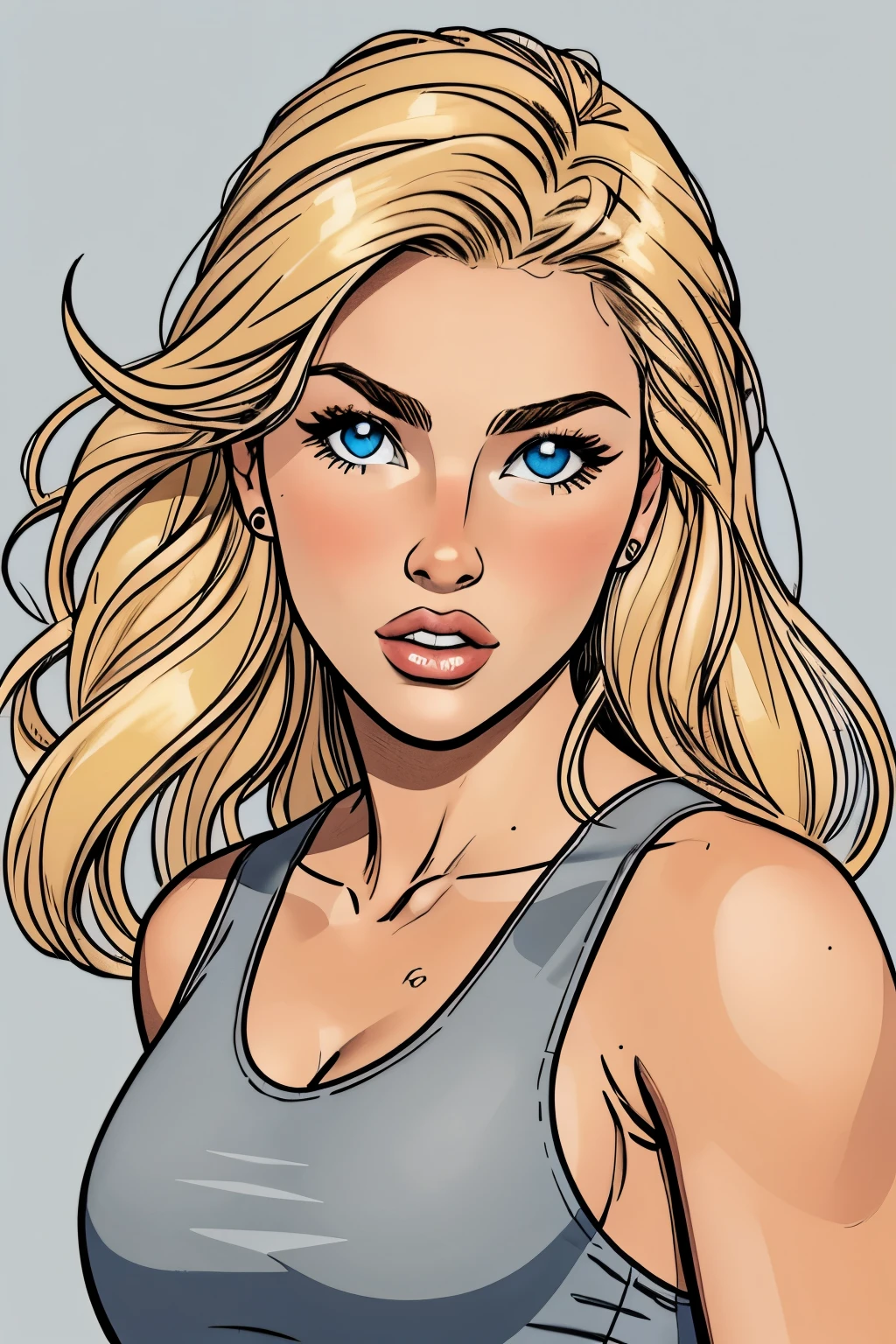 
Flat colors,close-up, portrait,  of a 25 year old surfer looking girl, tan skin, ([blue eyes]) Beach blonde salty hair, natural beaty, beautiful, casual, blue tank top, masterpiece, (([Simple grey background]))


