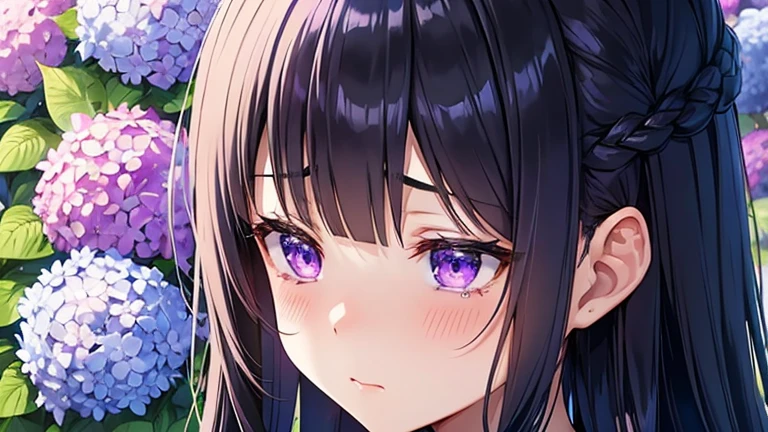 Monochrome background except for the girl and hydrangea Shrine Background Blue and purple hydrangea Girl with braided black hair Angle from diagonally left Girl looking down and crying Purple and blue tears falling on the hydrangea profile it's raining