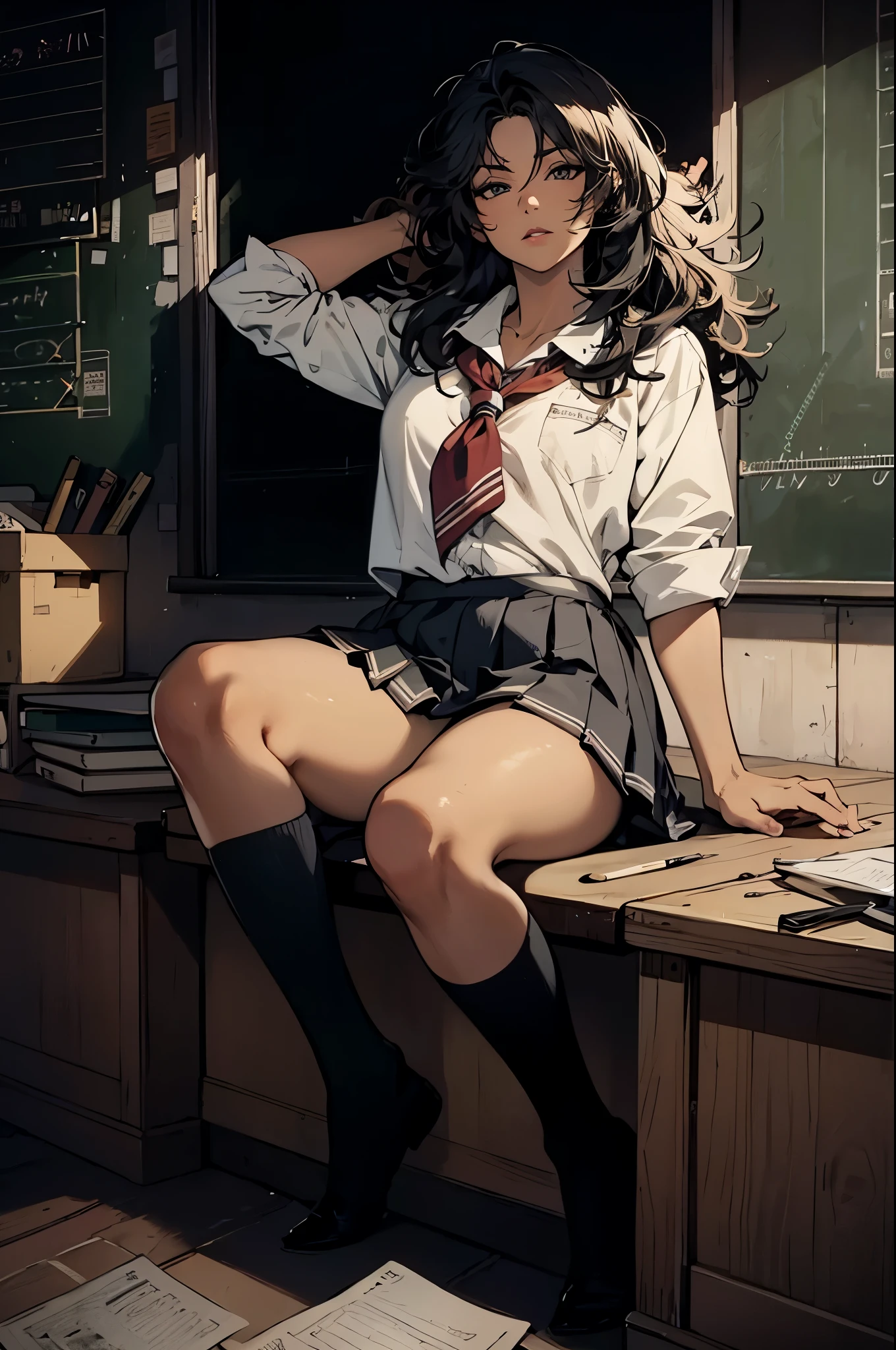 (masterpiece, highest quality), (high resolution, details,retina), beautiful backgrounds,anatomically correct,Accurate drawing,Detailed drawing,high-class sense,
anime, line-art:1.5, flat shading,

break,

Solo:1.2, stretch woman,
(School uniform:1.5), Baggy tops:1.2,
(Unruly hair, voluminous hair),
(Beautiful thighs:1.0),

squat sitting,
street, night,