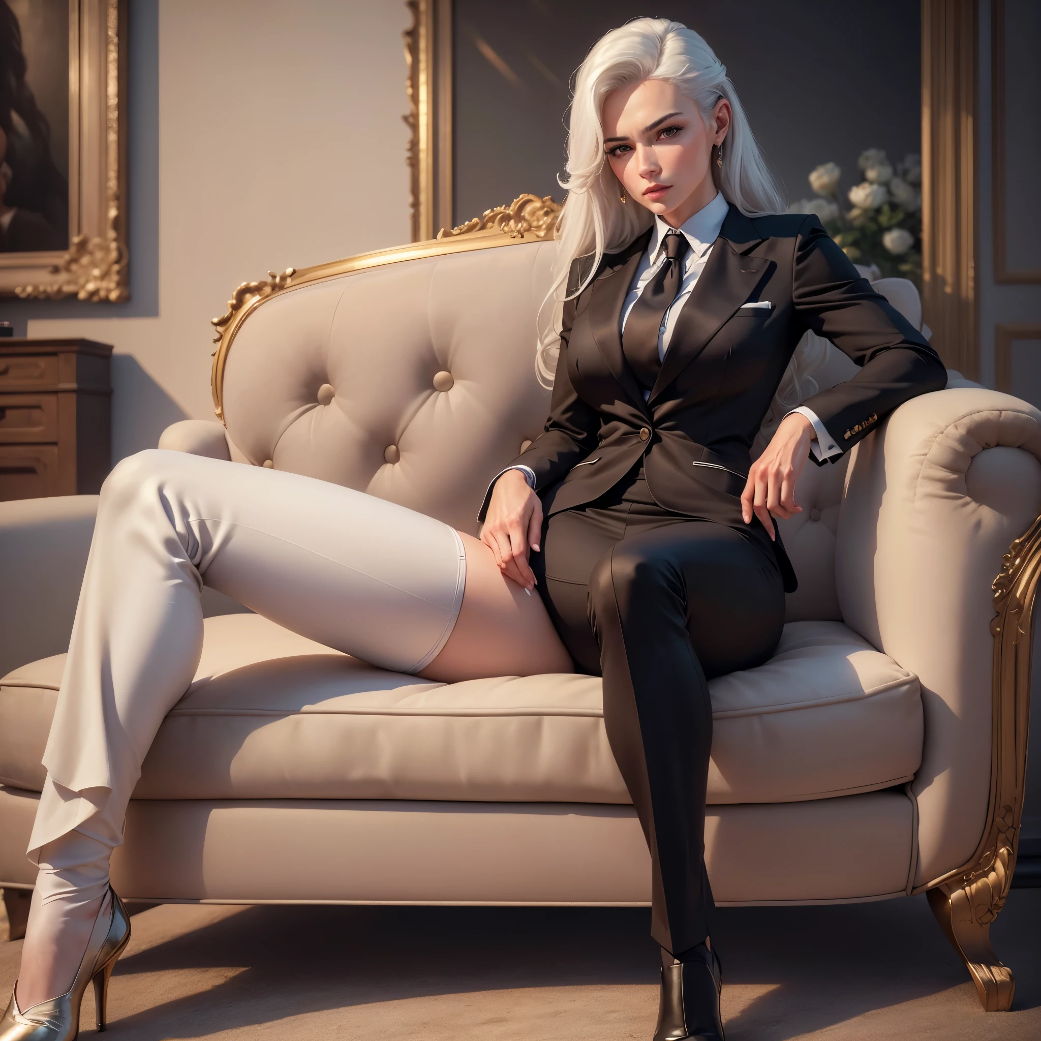 (best quality,4k,8k,highres,masterpiece:1.2),ultra-detailed,(realistic,photorealistic,photo-realistic:1.37),serious,professional-looking,dominant woman,(elegant tailored suit, tailored suit), sitting on a sofa, legs crossed, hyper-realistic, elegant tilt of the head, white hair realism short