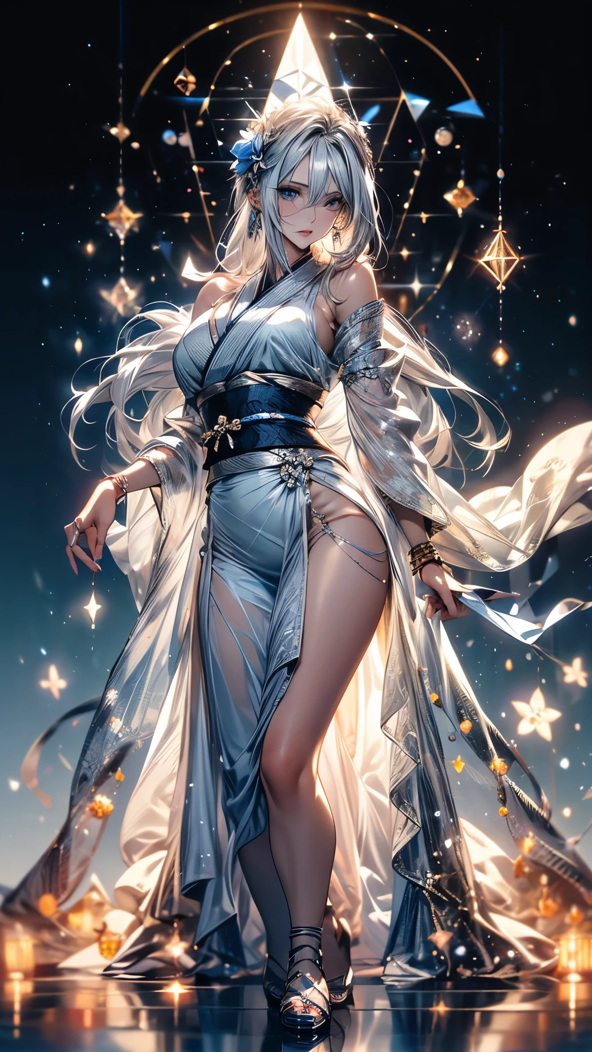 (Ultra-delicate), (Clear focus), (high resolution), Deformed depth of field blurred background, Detailed background, Perfect layer cutting, Atmospheric distance sense, (((full-body shot))), wallpaper, (((Silver hair gradient streaked light blue end))), beauty face, (((focus on eyes))), Ultra-detailed facial texture, ((Clear light blue eyes)), thin eyebrows, long upper eyelashes, double eyelids, Upper Eye, High-fidelity eyes, (Super detailed eyes), Sexy and attractive lips, Richly detailed lips, White skin, delicate skin, Micro light, complicated, familiar, black magician, particle, constellation, Stardust, universe, ((flower)), comfortable peace, peaceful, Japan, Himiko, kimono, With crystal, Fortune Telling, time and space, artistic, 8K
