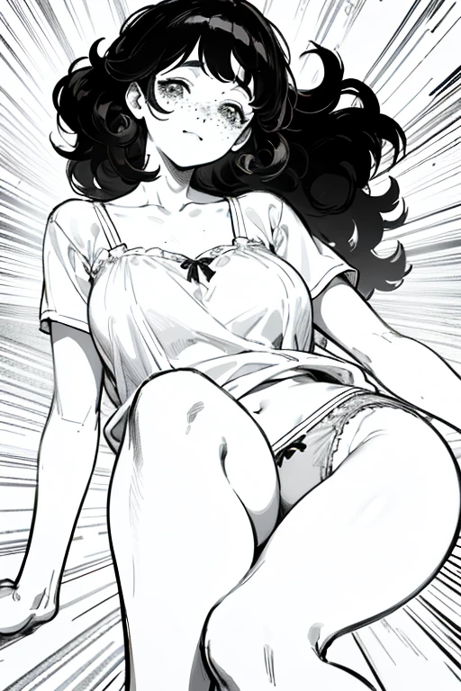 ((highest quality)), ((masterpiece)), (be familiar with), Perfect Face、Line art、Anime Style、Show the whole body、draft、Monochrome、Long Hair、Black Hair、cool、Calm、Very droopy eyes、upright、freckles、peek、Extremely curly hair、Curly hair、long hair、Expressionless、Resting her chin in her hand、underwear、smile、Big Ass、cute、freckles、Young、underwearにリボン、上品なunderwear、Big Tits、Details、Ribs visible