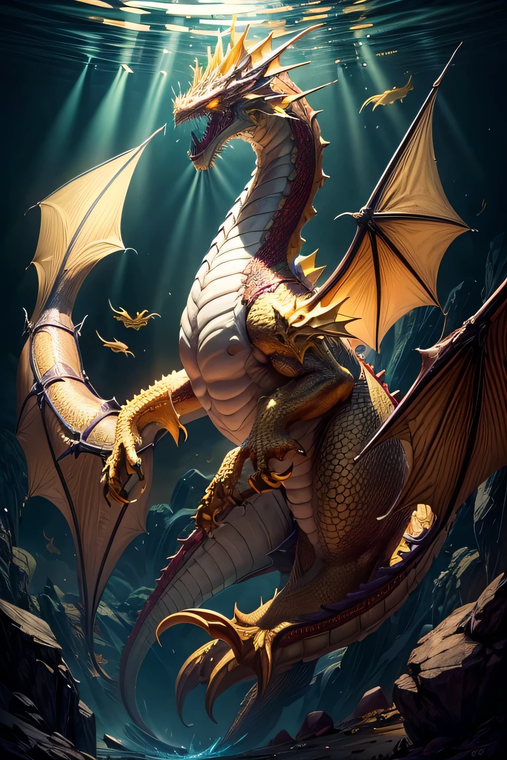 there is a yellow and white dragon with a yellow tail, Dragon Phoenix Medusa, Sea Dragon, underwater Sea Dragon, mythical creature, Smooth Chinese Dragon, Golden Dragon, underwater Sea Dragon full body, Dragon de Cristal, yellow dragon head festival, Dra the Dragon, as an anthropomorphic dragon, anthropomorphic dragon, A baddass dragon, Lung Dragon.