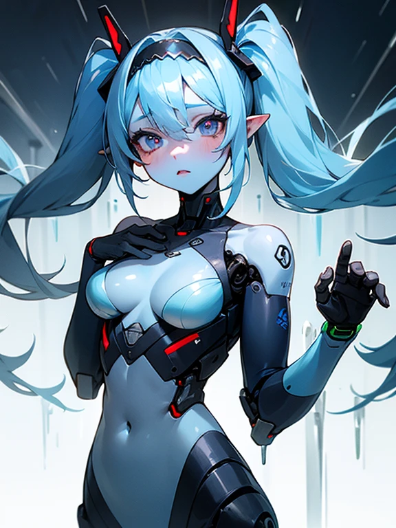 Masterpiece, best quality, expressive eyes, perfect face, 1girl, solo, blue skin, navel, colored skin, ice, blue hair, twintails, blush, breasts, hairband, monster girl, medium breasts, bare shoulders, cybernetic augmentation, cyborg 