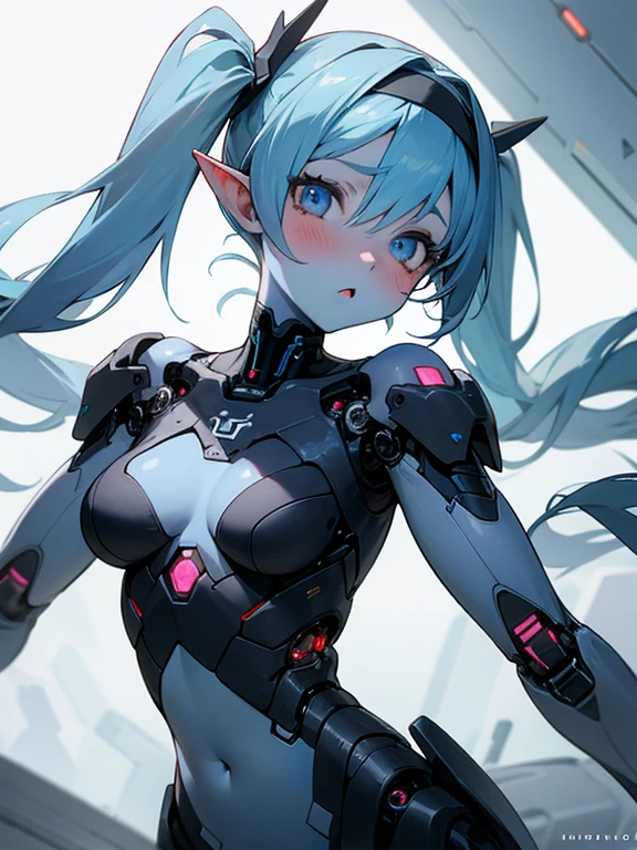 Masterpiece, best quality, expressive eyes, perfect face, 1girl, solo, blue skin, navel, colored skin, ice, blue hair, twintails, blush, breasts, hairband, monster girl, medium breasts, bare shoulders, cybernetic augmentation, cyborg