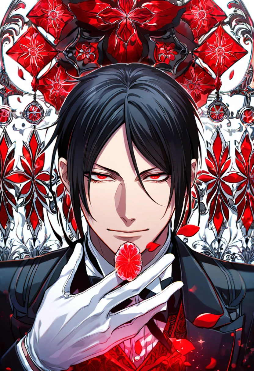 Ultra detailed, HDR, Highres, absurdres, master piece, Sebastian Michaelis, black hair, expressive red eyes, Kuroshitsuji, red ice, patterns, black clothes, red petals, red ice flowers, sexy man, solo, extremely detailed face and eyes, extremely handsome, glittering, red glass, white gloves, Black Butler,