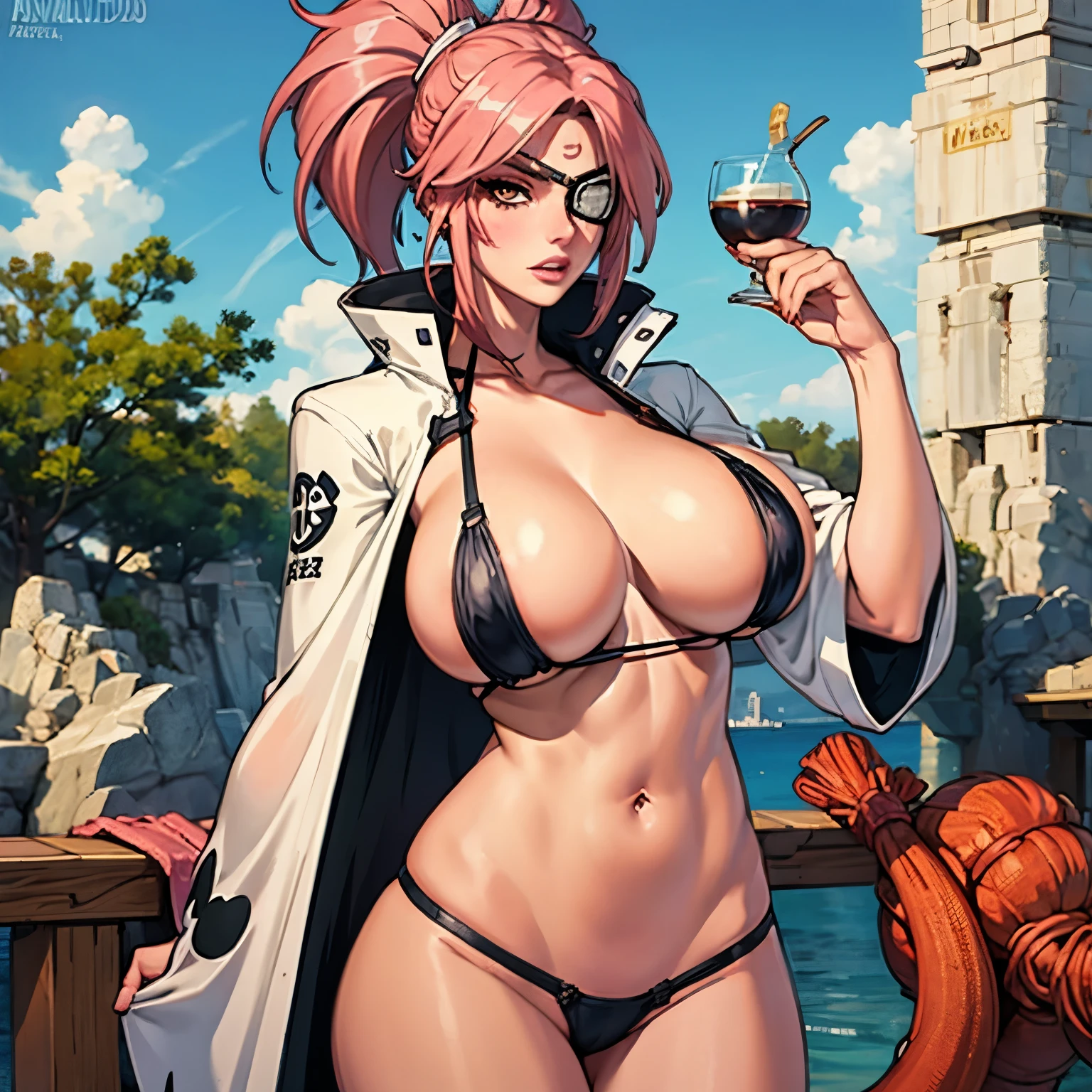 (Obra maestra:1.3),(muy detallado:1.3),(high resolution:1.1),Mejor calidad,ultra-detalle,1 chica,solo,jelobaiken,pechos enormes,Amputado,amputee,one arm,un brazo,parche en el ojo,eye patch,tuerto,chaqueta negra,kimono negro,ropa abierta,ropa japonesa,faja,pechos, breasts, huge breats, pink hair, pelo rosa, bikini, micro_bikini