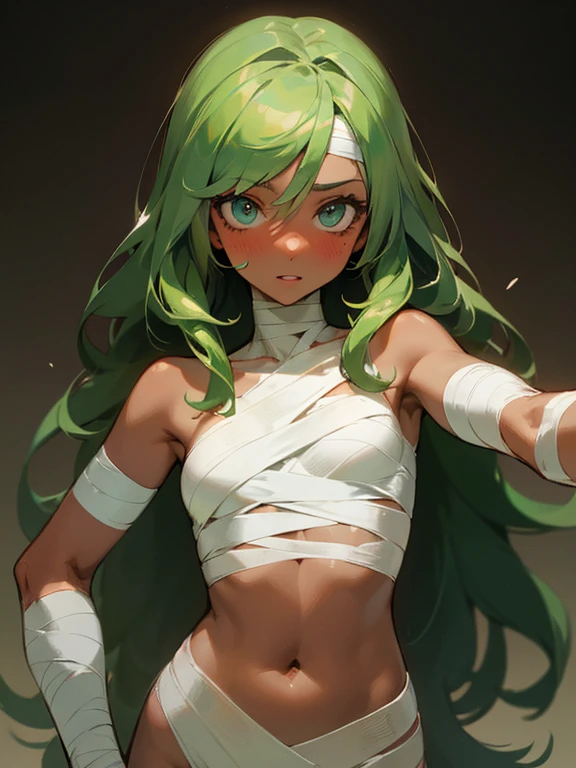 Masterpiece, best quality, expressive eyes, perfect face, 1girl, solo, green hair, bandages, mummy, blush, dark skin, long hair, dark-skinned female, navel