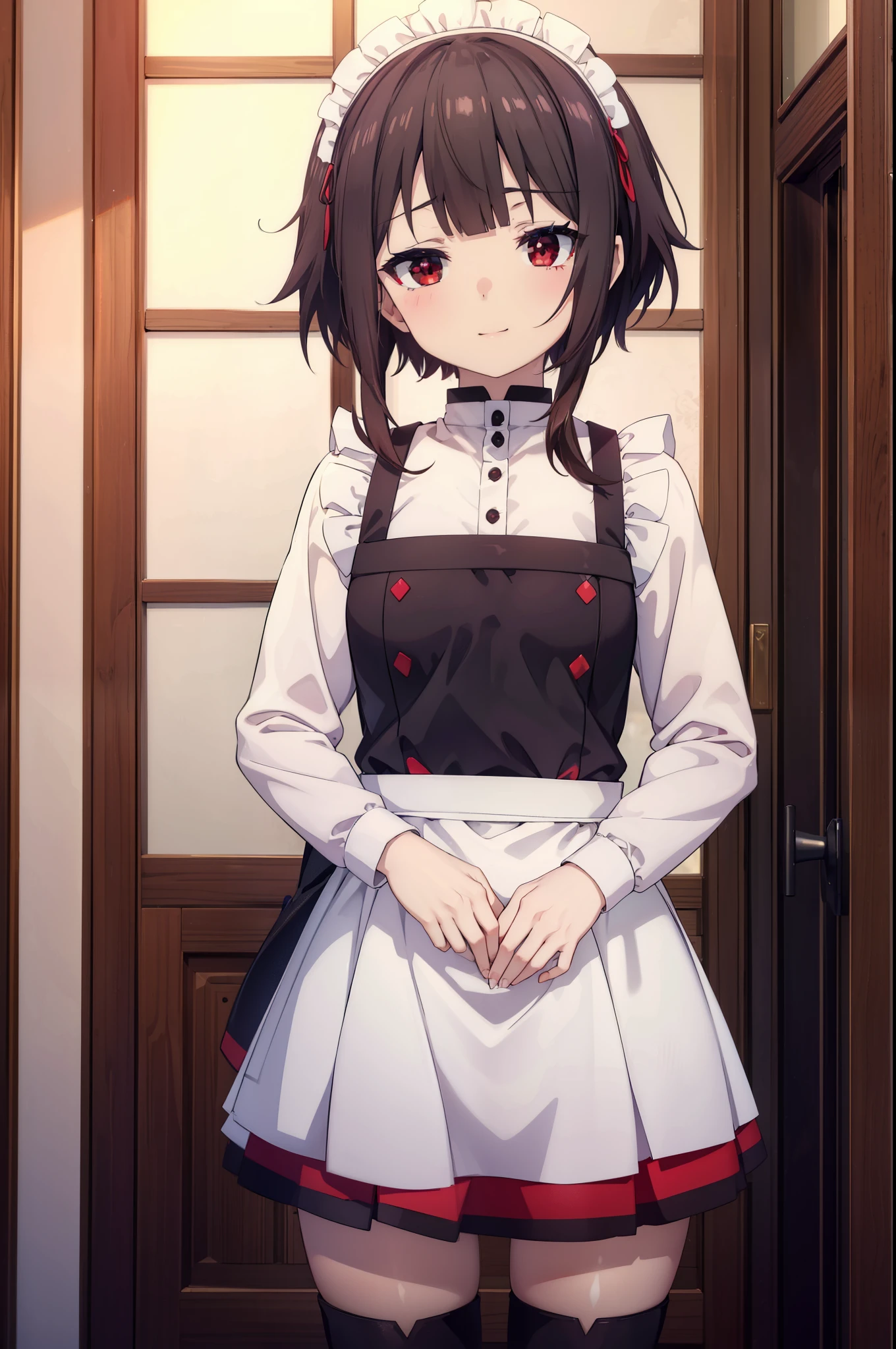 konosubaMegumin, Megumin, short hair, Black Hair, (Red eyes:1.3), short hair with long locks,skirtの裾を両手で持ち上げている,
headdress, Maid clothes,dress,ロングskirt,White Pantyhose,short boots, apron, 両手でskirtを持ち上げている,Looking at the audience, happy smile, smile, blush,Open your mouth,skirt, skirt lift, 自分で持ち上げる
break indoors, coffee shop,
break looking at viewer, (Cowboy Shot:1.5),
break (masterpiece:1.2), highest quality, High resolution, unity 8k wallpaper, (shape:0.8), (Fine and beautiful eyes:1.6), Highly detailed face, Perfect lighting, Highly detailed CG, (Perfect hands, Perfect Anatomy),