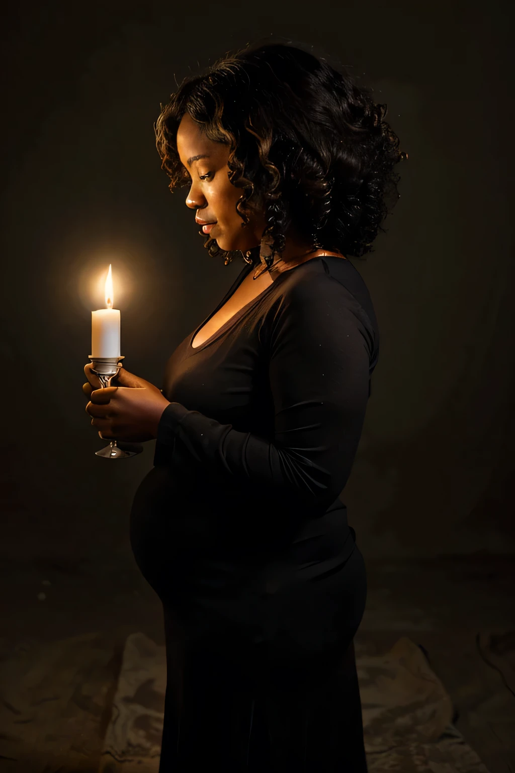 old woman, black person, not sensual, kind of fat, curly hair, handing a candle, sad, side view, full body, transparent background, with lights coming from background