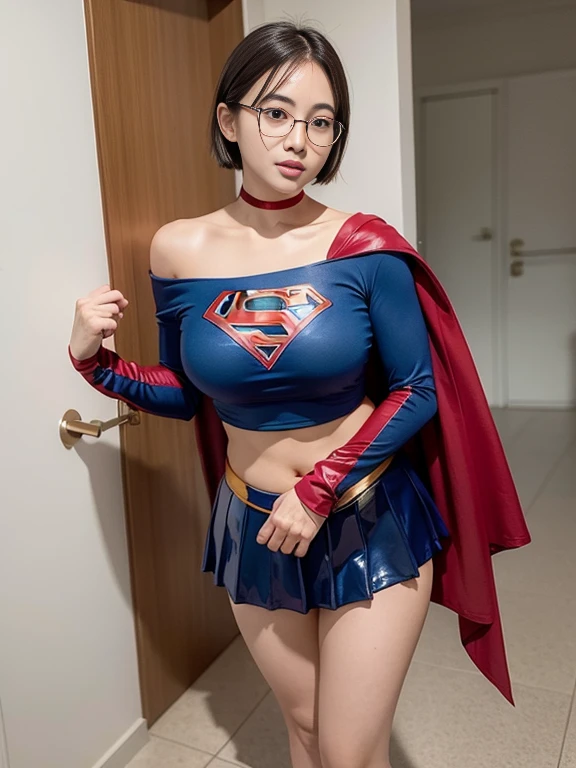 masterpiece、Supergirl Costume、Very Short Hair、Glasses、barefoot、Big and ample breasts、Public toilets、Tile Floor、Excesses、Oily skin、Shiny、Looking at the camera、Sexy poses to seduce、Model Body Type、choker、Long sleeve、Red mini skirt、Cowgirl、Estrus、Sweaty、radical、Off the shoulder、glamorous、charm、charming、healthy、