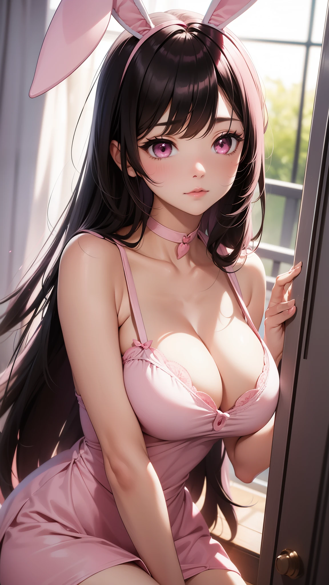 a women, pink bunny ears, black hair, pink eyes, pink dress, big breasts, very cute, safe from work