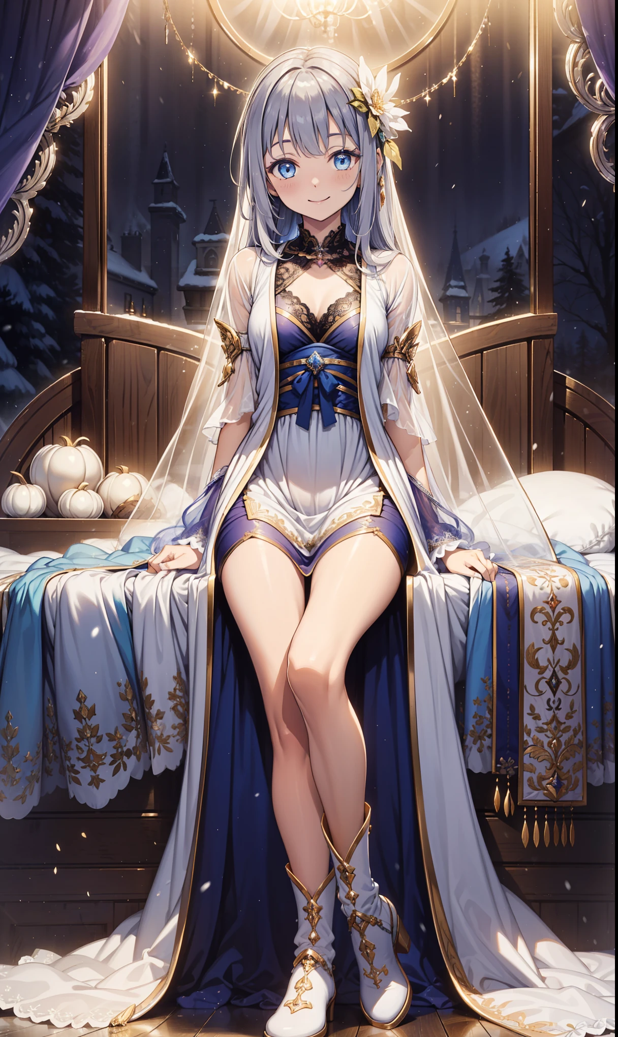 saints，Attractions，having fun，in love，(Western magic white dress)，Silver Hair，blue eyes，Transparent clothes，Smile,Decoration of saints，Lilac cloth，A small amount of gold color pattern，snowy night，Transparent lace，Exquisite clothing，bedroom，The only person，night，Carved sling boots，Delicate and beautiful eyes