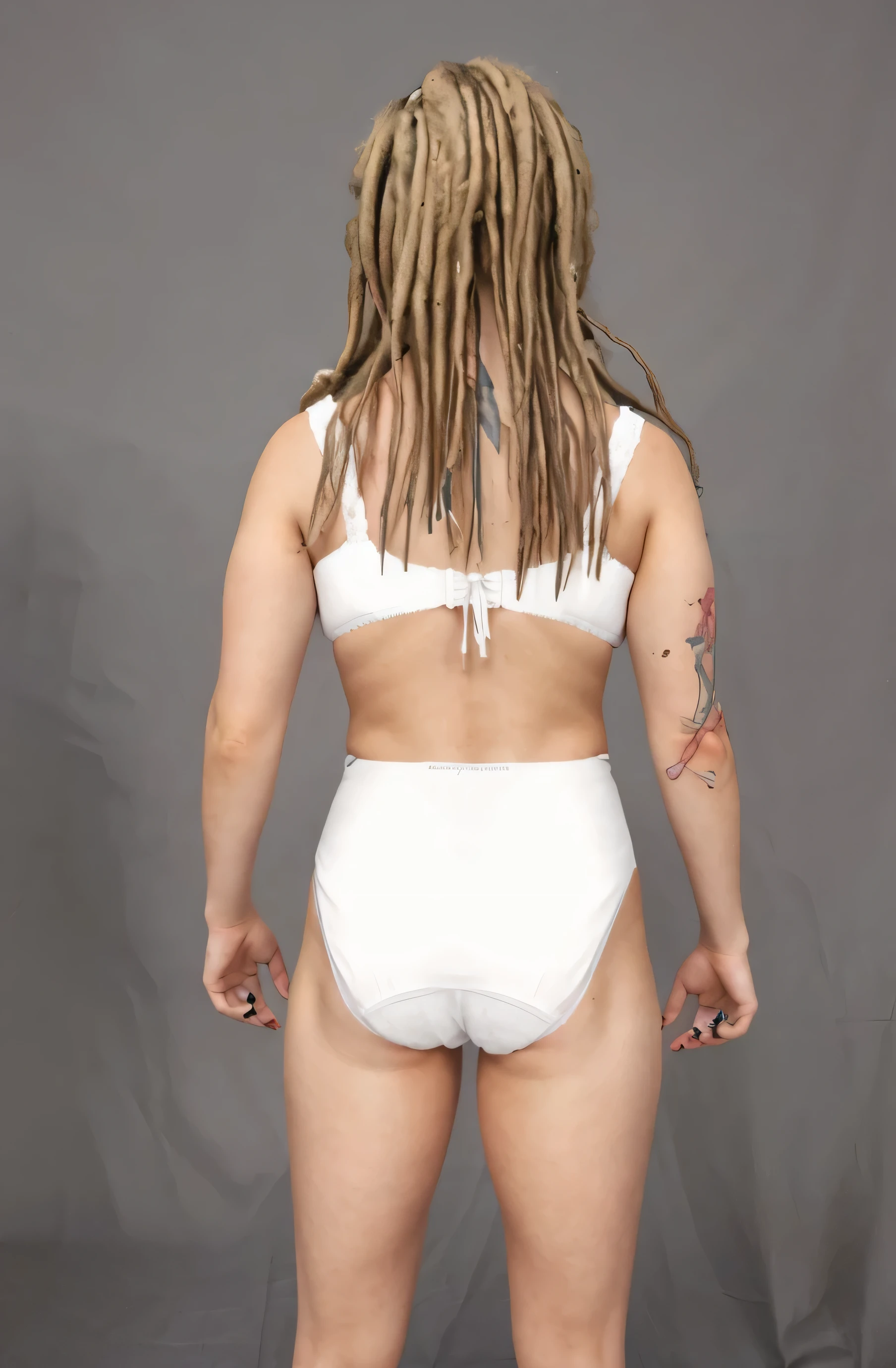 ((masterpiece, best quality)), ((((perfect anatomy)))), ((35 year old)), (((Curvy))), ((Caucasian woman with blonde Dreadlocks)), in ((white cotton panties)), ((white bra)), (jester tattoo on right arm), standing in front of a grey screen, (((photo realistic)))