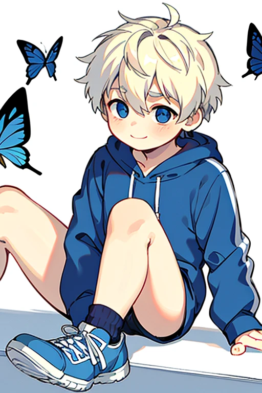 ((highest quality)), ((masterpiece)), (detailed), Flawless、Face alone,1 boy、Shota、short hair、Hair between the eyes、Pale Hair、White coat style hoodie、Blue Top Shoes、Blue Right Eye Yellow Left Eye Odd Eye、White shorts、I like nature、An innocent smile、butterfly、