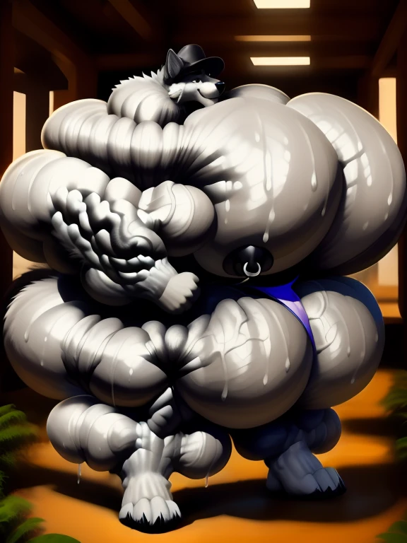 4k, high resolution, best quality, perfect lightning, perfect, solo, anthro, young, boy,white wolf:2.0, furry body, (fluffy mane:1.2), fluffy tail, male, adult, (bulky2:0, thick muscles2:0, huge muscles:2.0, hyper muscles:2.0), (thick biceps, veiny biceps, big broad veiny pecs:2.0, broad shoulders:2.0), (thick legs, thick calves:1.1), (digitigrade legs, 4 toes:1.2), perfect colors, (photorealistic fur, detailed fur, epic, masterpiece), (suggestive posing:1.2), (seductive smile, lustful grin 1.3), detailed beach:2.0,detailed wolf eyes:2.0, by k0suna, by darkgem,nipple ring,big pecs:2.0,hyper arms:2.0,veins,white body,white fur,hyper butt:2.0,hyper paws:2.0,standing,thick legs,thick butts:2.0,sweat body:2.0,massive butt:2.0,black hat,hyper ass:2.0,huge ass:2.0,presenting butt:1.2,long legs,juicy butt:2.0,hyper ass,black fundoshi