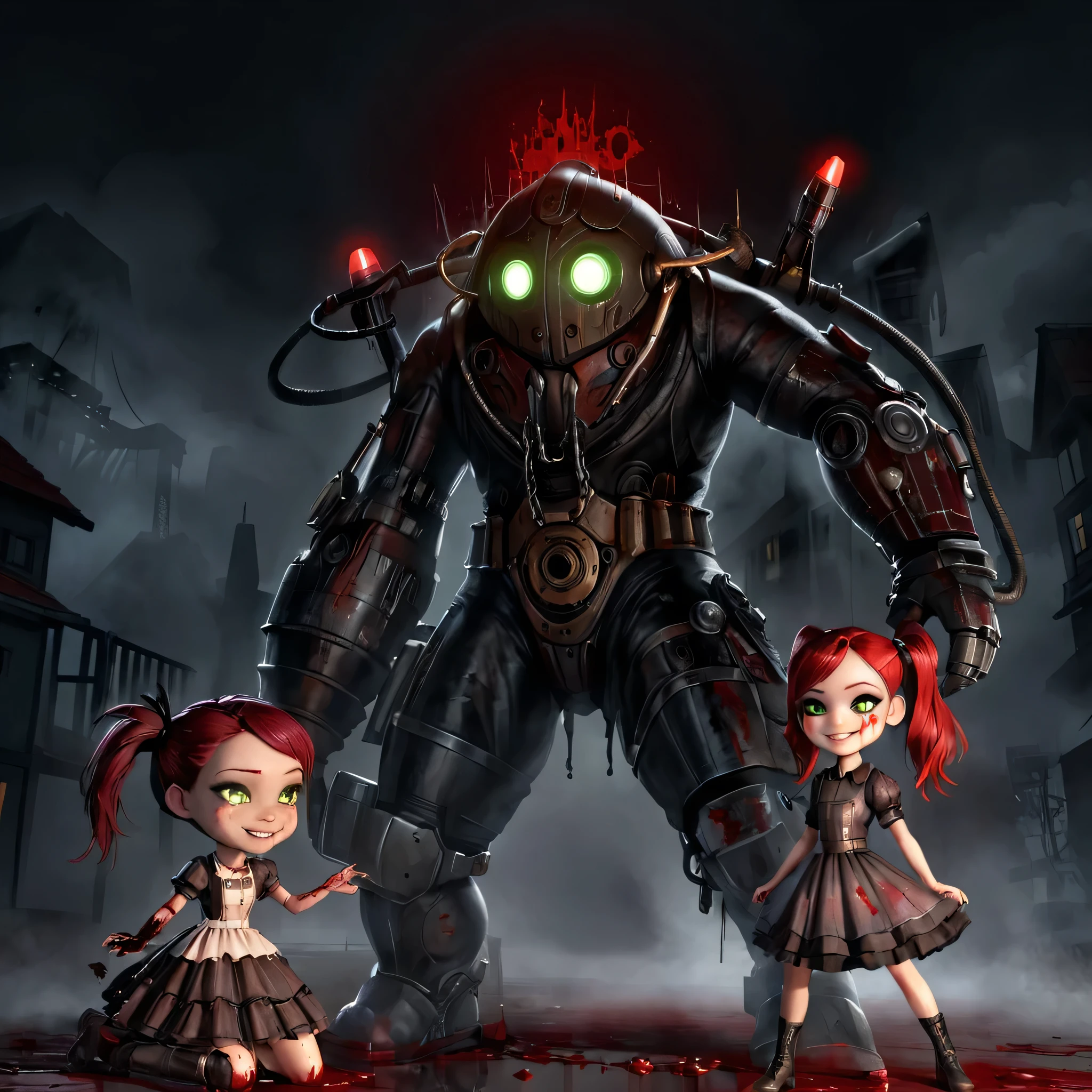 Little sister and big daddy,masterpice, bioshockstyle, 8k, ultra detailed, soft lighting, pmmkr2024, cartoon, creature, best quality, trending on artstation,1little sister smile,1big daddy,1big sister,nice art,perfect art,nice detailed art,nice detailed body,nice detailed face,nice detailed hands,highres, an image of a beautiful cyberpunk  Mila Kunis fairy goth robot, green eyes, red wine hair best quality, 8k, best quality, ultra-detailed,1girl, , 6 years old, solo, 1girl, lilsis, dirty, blood, blood muddy dress, black hair, dress, horror \(theme\), solo, glowing eyes, creepycute, (house:1.4)