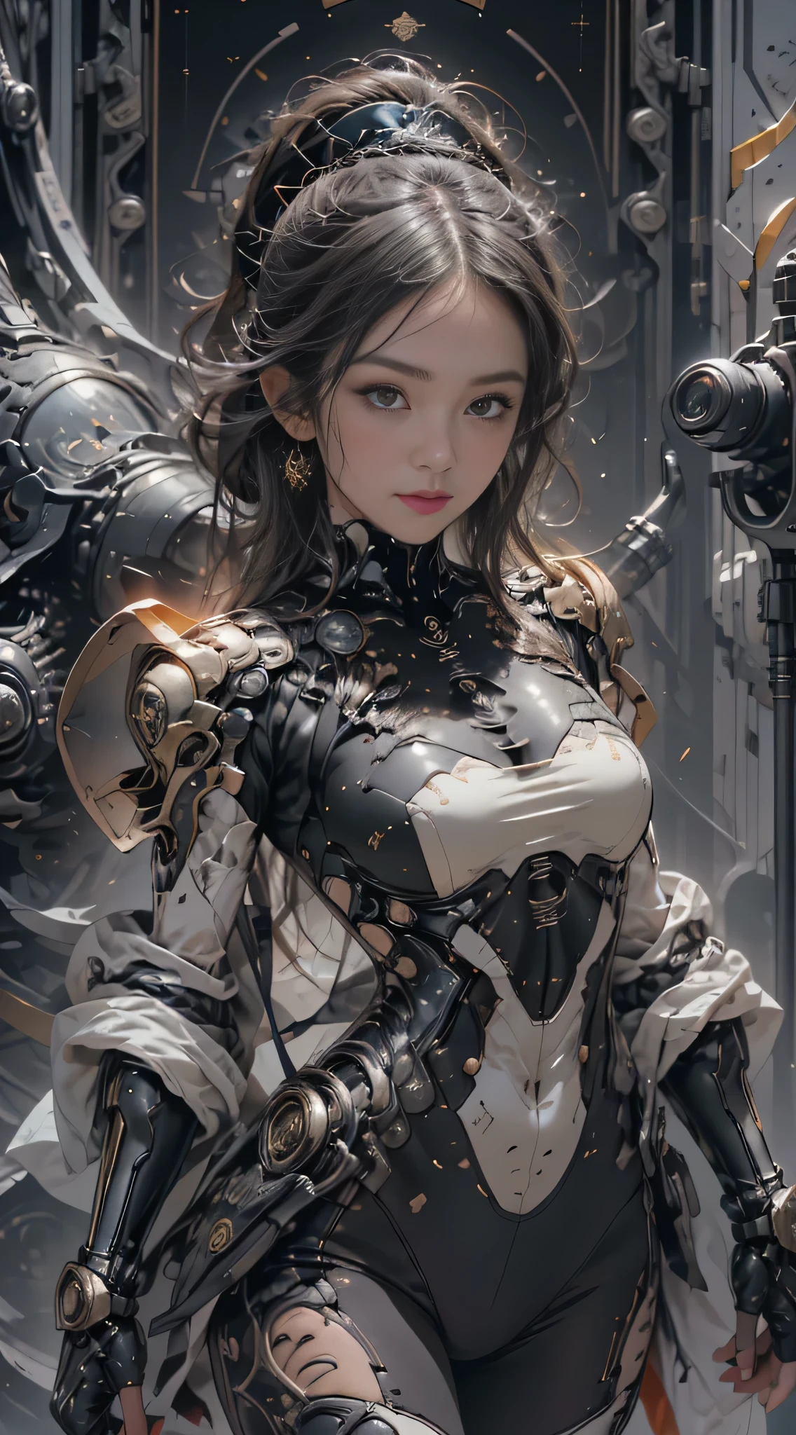 (best quality,32K,HD,4x ultra-sharp,high-res,professional),cinematic,fisheye photo,1 beautiful girl in technical clothing,mechanical spider,circles,fractals,(black contour art) by Yoshitaka Amano,Travis Charest.