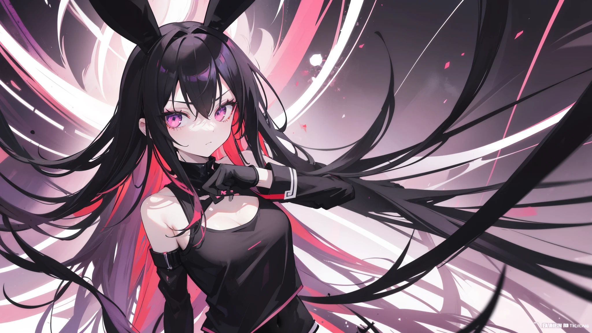 aniem girl, Black Goth Bunny Hood, black and red long hair, black tank top and black shorts, wallpaper, purple-Pink Flaming Blade, front facing