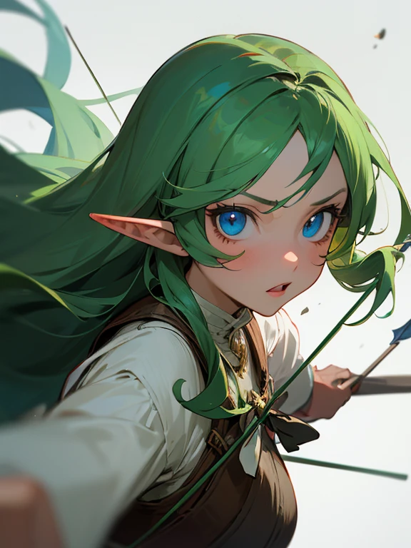 Masterpiece, best quality, expressive eyes, perfect face, 1girl, solo, weapon, pointy ears, bow (weapon), arrow (projectile), blue eyes, long hair, green hair, elf 