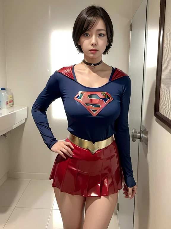 masterpiece、Supergirl Costume、Very short hair、眼mirror、barefoot、Very large and ample breasts、Public toilet、Tile floor、mirror、Excesses、Oily skin、Shiny、Looking at the camera、Sexy poses to seduce、Model Body Type、choker、Long sleeve、Red mini skirt、Cowgirl、Estrus、Sweaty、radical、Off the shoulder、glamorous、charm、charming、healthy、