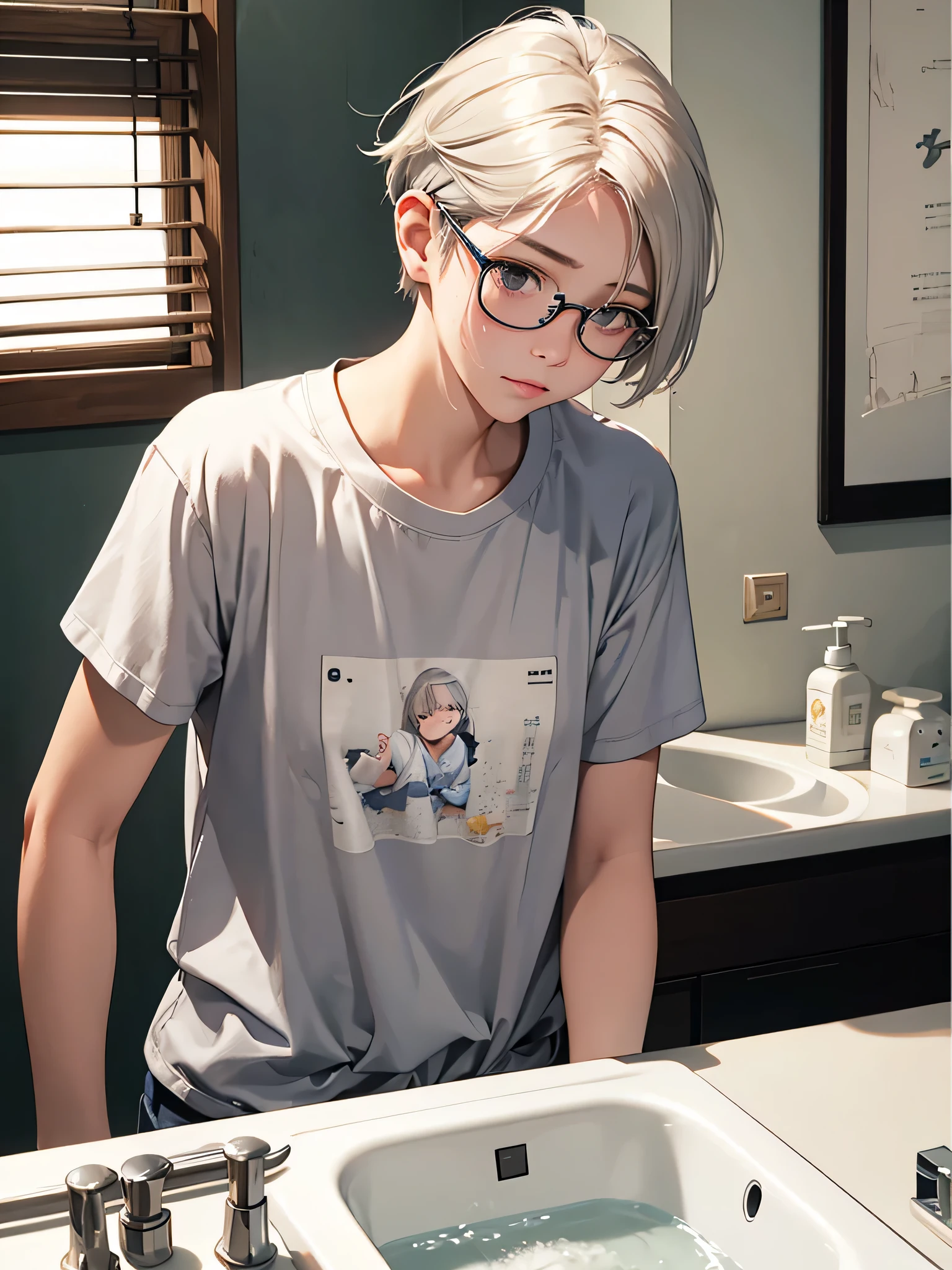 highest quality、Realistic、woman、Japanese、zoom、look up、cute、morning、Wash basin、Looks sleepy、Gray Eyes、Platinum Blonde Hair、short hair、Messy Hair、Glasses、Large T-shirt.Shorts、slender、Small breasts、Upper Body