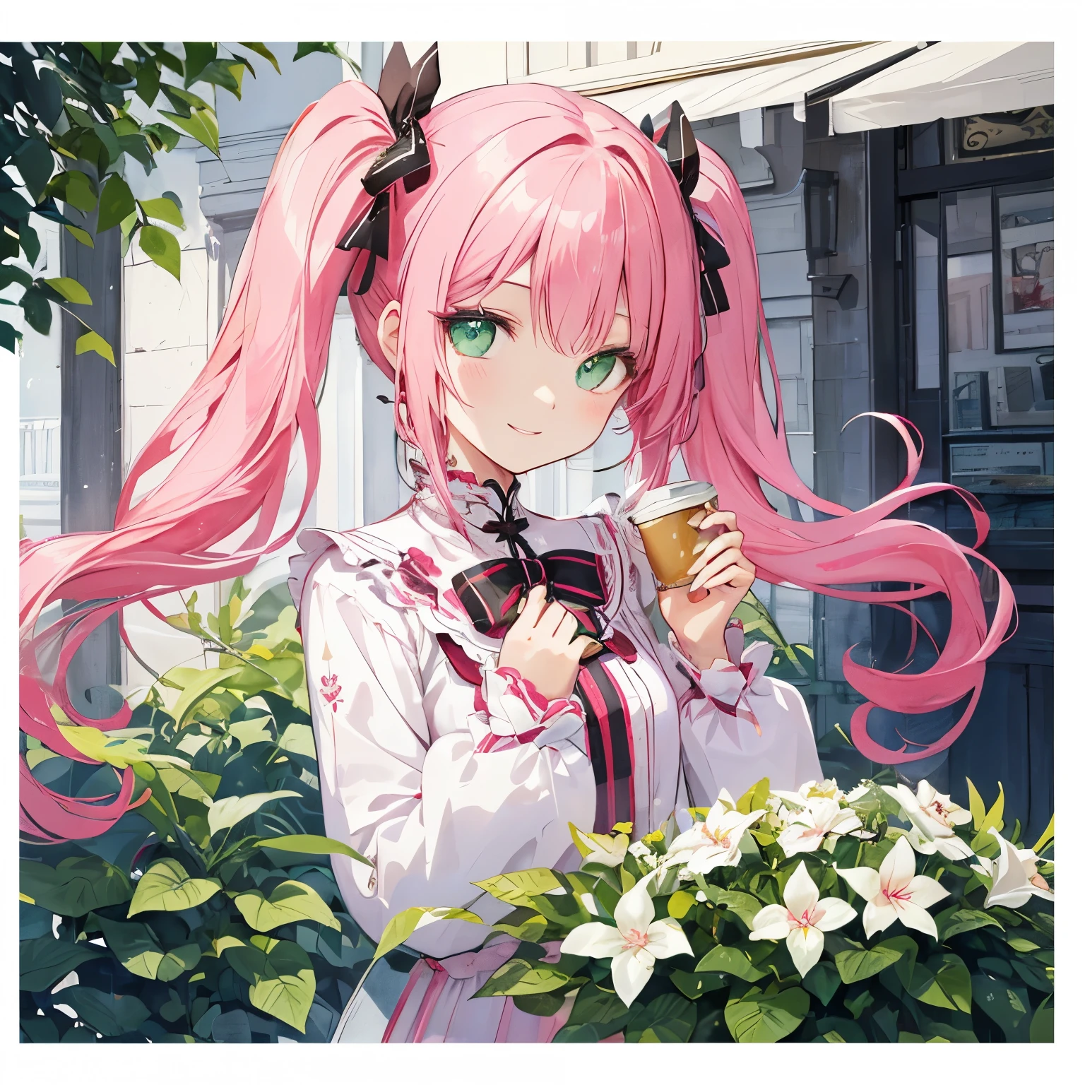 Transparent watercolor,With a girl,Jewel Eyes,Beautiful arrangements and motifs、Slight、Game character design、Written boundary depth , wonderful, beauty、Transparency、Game character design、(One Girl:1.0)、Pink Hair、Twin tails、cute、Upper Body、Green Eyes、Cafe Background、Mass-produced fashion,White and pink attire、front、smile