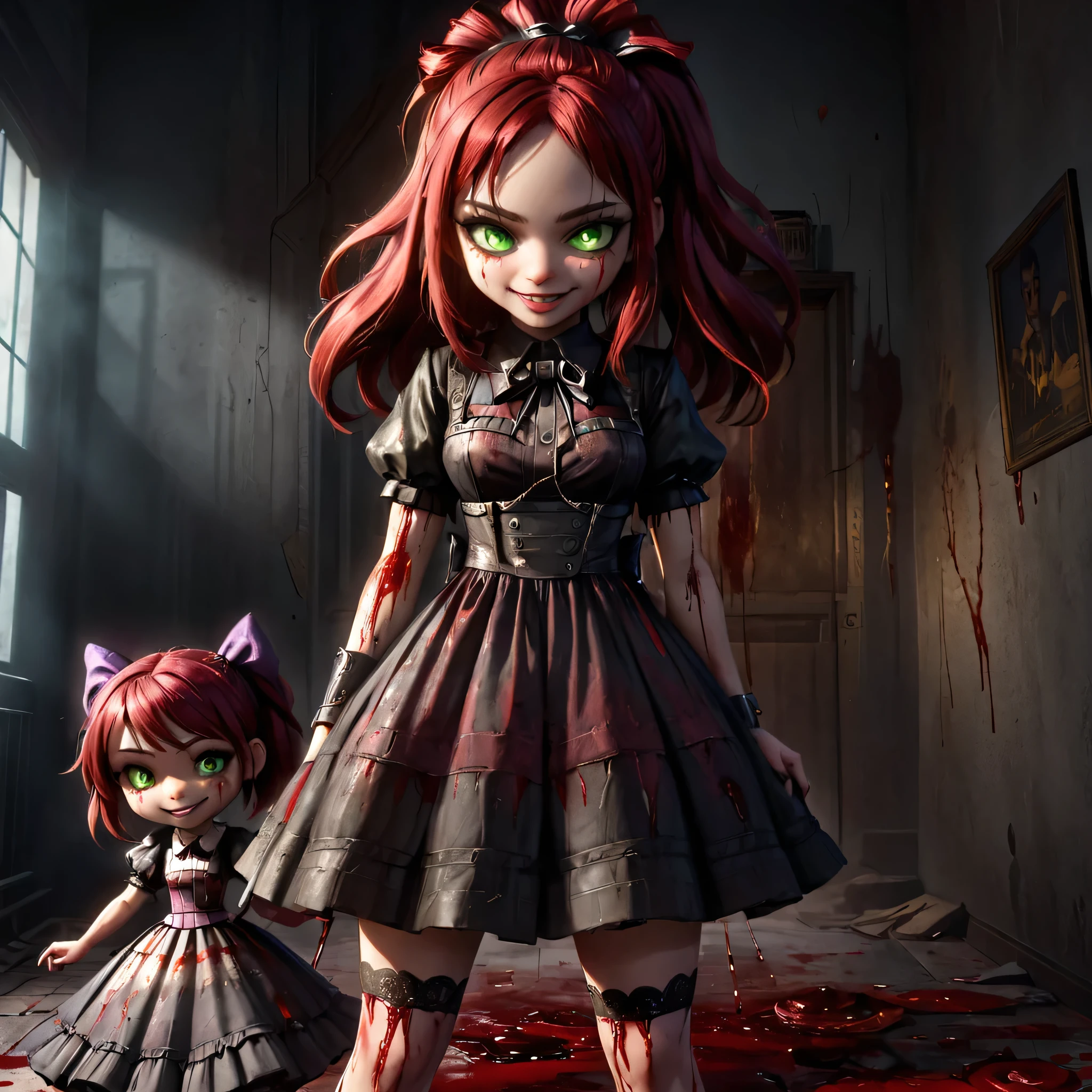 Little sister and big daddy,masterpice, bioshockstyle, 8k, ultra detailed, soft lighting, pmmkr2024, cartoon, creature, best quality, trending on artstation,1little sister smile,1big daddy,1big sister,nice art,perfect art,nice detailed art,nice detailed body,nice detailed face,nice detailed hands,highres, an image of a beautiful cyberpunk Mila Kunis goth,green eyes, red wine hair best quality, 8k, best quality, ultra-detailed,1girl, , , 1girl, lilsis, dirty, blood, blood muddy dress, black hair, dress, horror \(theme\), solo, glowing eyes, creepycute, (house:1.4)