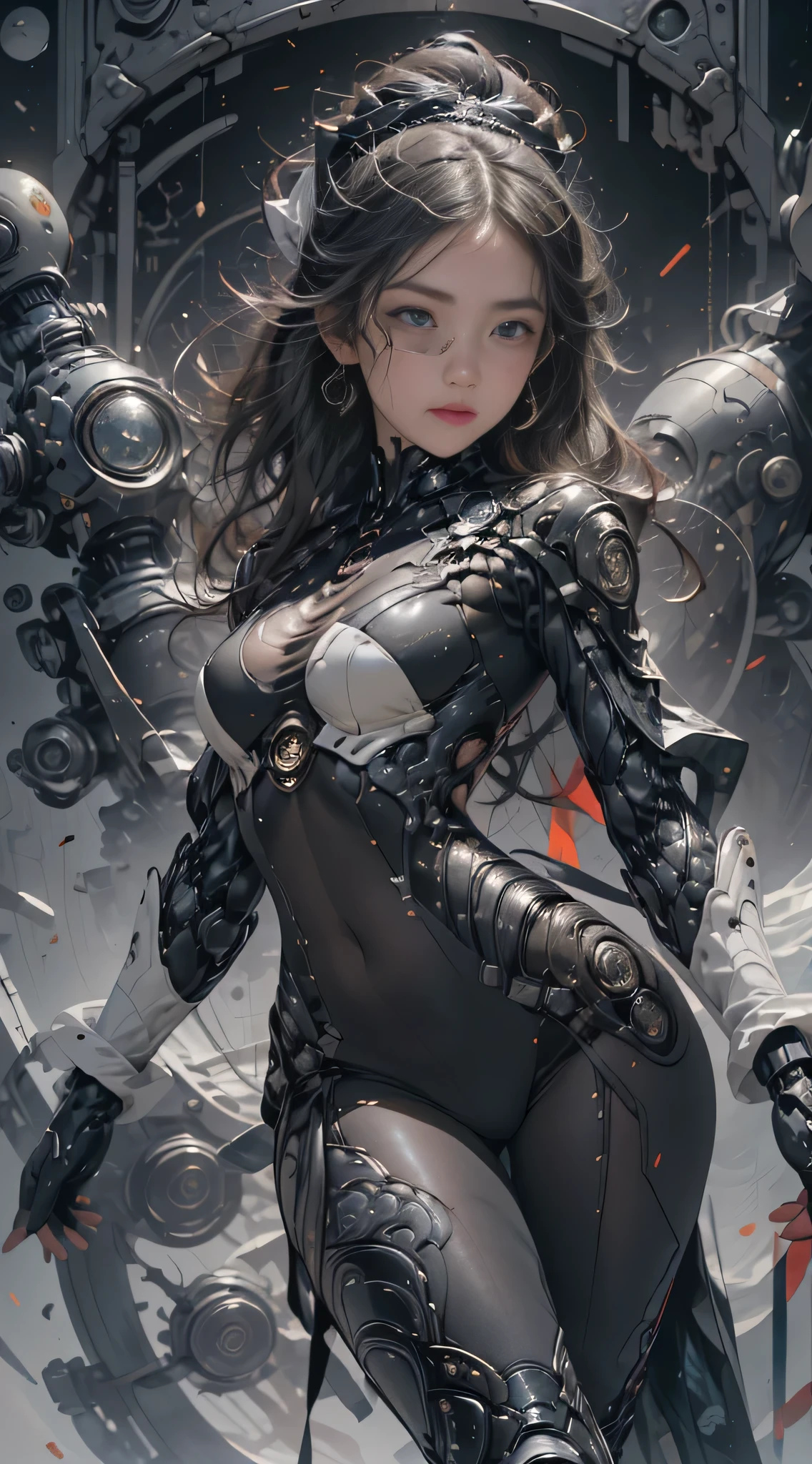 (best quality,32K,HD,4x ultra-sharp,high-res,professional),cinematic,fisheye photo,1 beautiful girl in technical clothing,mechanical spider,circles,fractals,(black contour art) by Yoshitaka Amano,Travis Charest.