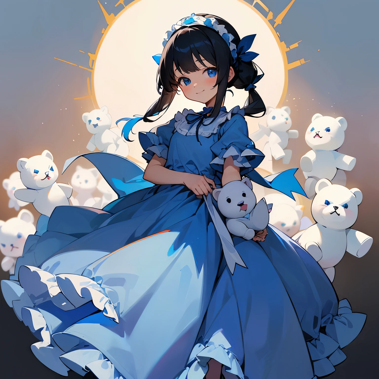 (A holding a small white teddy bear), human, 5 , Black Hair, Less hair volume, Short pigtails, Blue Eyes, (Blue headband), (Blue frilly long dress), Blue ribbon, (白色の熊のcuteぬいぐるみ), cute, smile, Lady, Front Light