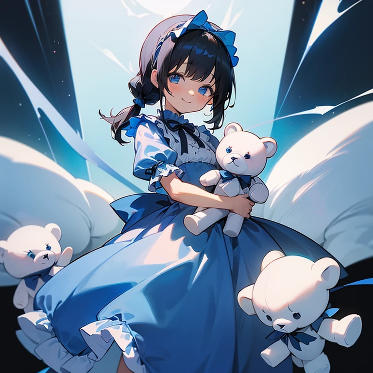 (A holding a small white teddy bear), human, , Black Hair, Less hair volume, Short pigtails, Blue Eyes, (Blue headband), (Blue frilly long dress), Blue ribbon, (白色の熊のcuteぬいぐるみ), cute, smile, Lady, Front Light