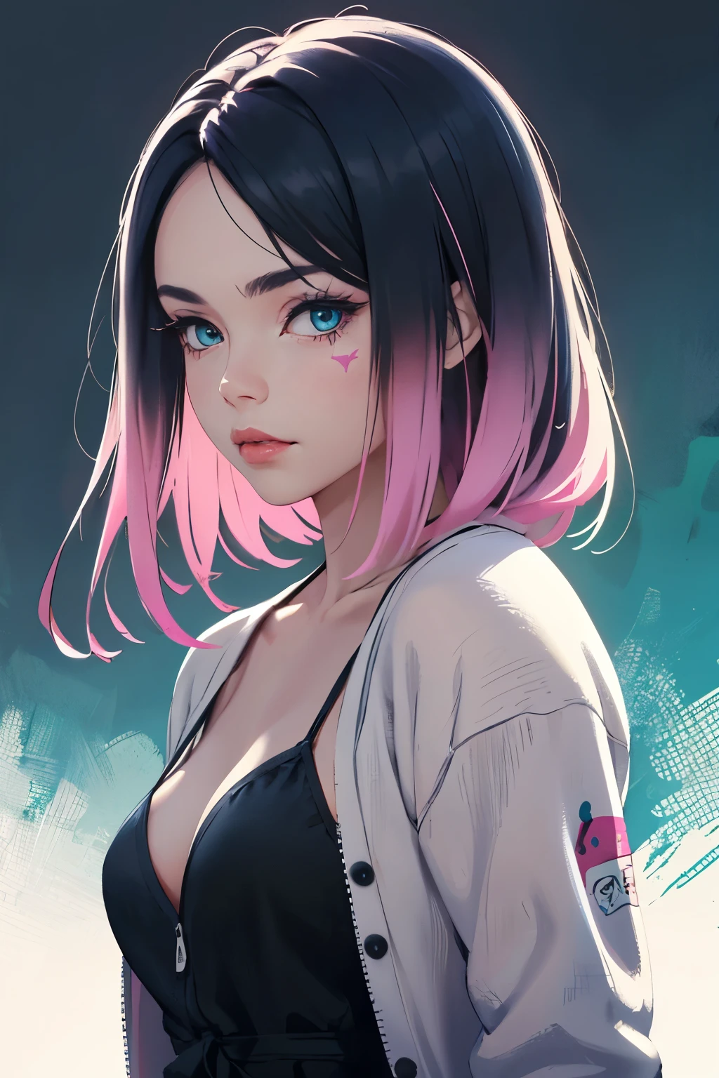 girl with long black and light pink ombre hair, blue eyes, she is wearing a black spaghetti strap style dress and a light pink cardigan, wearing a black high-top converse, aesthetically pleasing 2D focus anime with a touch of realistic vibes, Touches of sage green, plain white background, Fortnite survey skin art style, Valorant Art Style, Mitsuri kanroji theme 