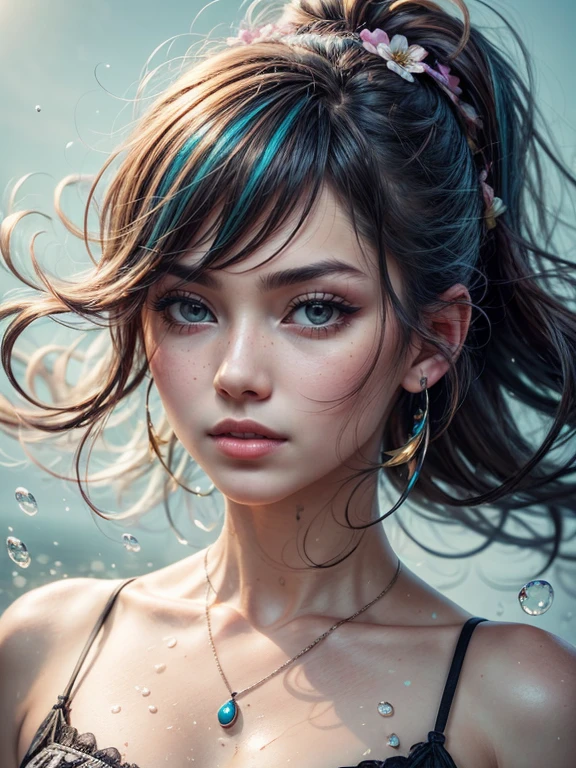 (Masterpiece), (Best Quality), (Super Detail), (disheveled Hair), (Illustration), (One Girl), (Fashionable Clothes), Standing, Fashion Model, Beholder, (Interview), (Simple Background), Finely Beautiful Eyes, Delicate Beautiful Face, Floating, (High Saturation), (Colorful Splash), Colorful Bubble, (Shine), Focus on the Face, Ponytail, Light Blue Hair, Bangs, Hair Rings, Floating Flowers, Floating Hairs, (Shining), Best Lighting, Best Shadows