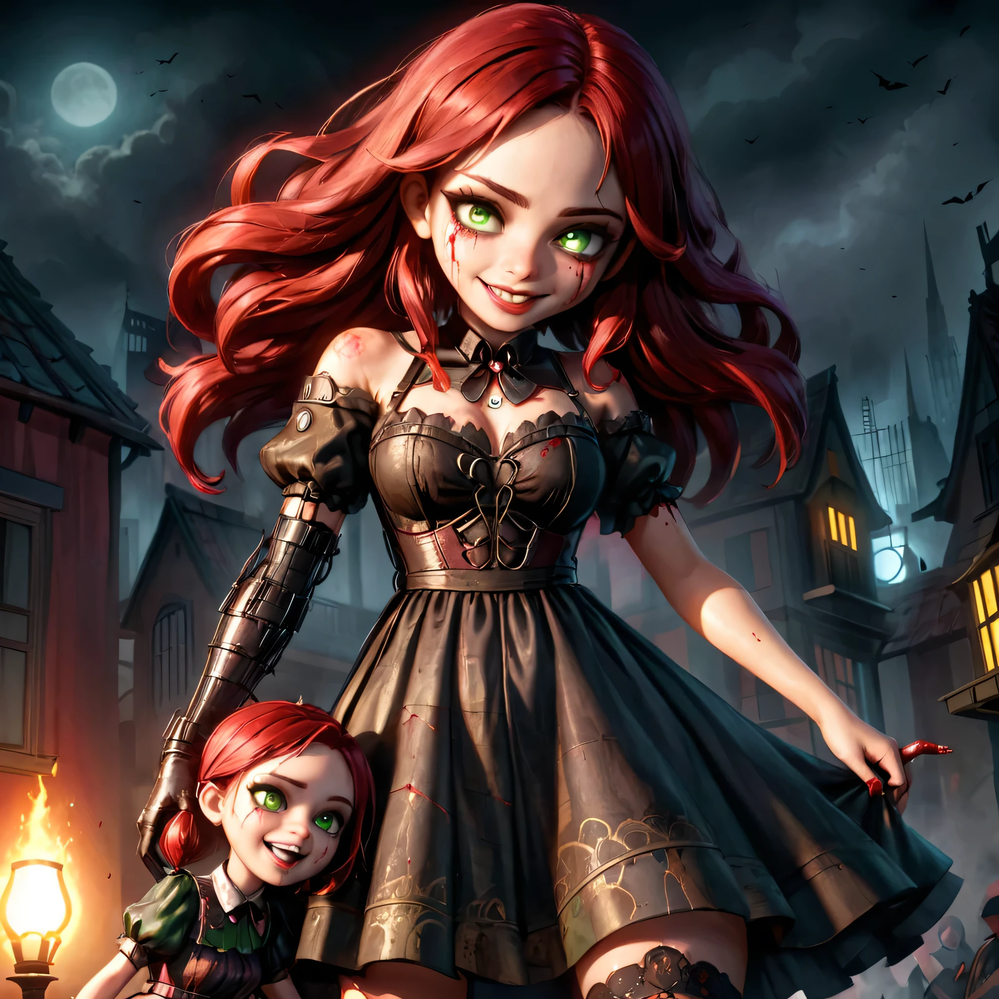 Little sister and big daddy,masterpice, bioshockstyle, 8k, ultra detailed, soft lighting, pmmkr2024, cartoon, creature, best quality, trending on artstation,1little sister smile,1big daddy,1big sister,nice art,perfect art,nice detailed art,nice detailed body,nice detailed face,nice detailed hands,highres, an image of a beautiful cyberpunk  Mila Kunis  goth, green eyes, red wine hair best quality, 8k, best quality, ultra-detailed,1girl, , 6 years old, solo, 1girl, lilsis, dirty, blood, blood muddy dress, black hair, dress, horror \(theme\), solo, glowing eyes, creepycute, (house:1.4)
