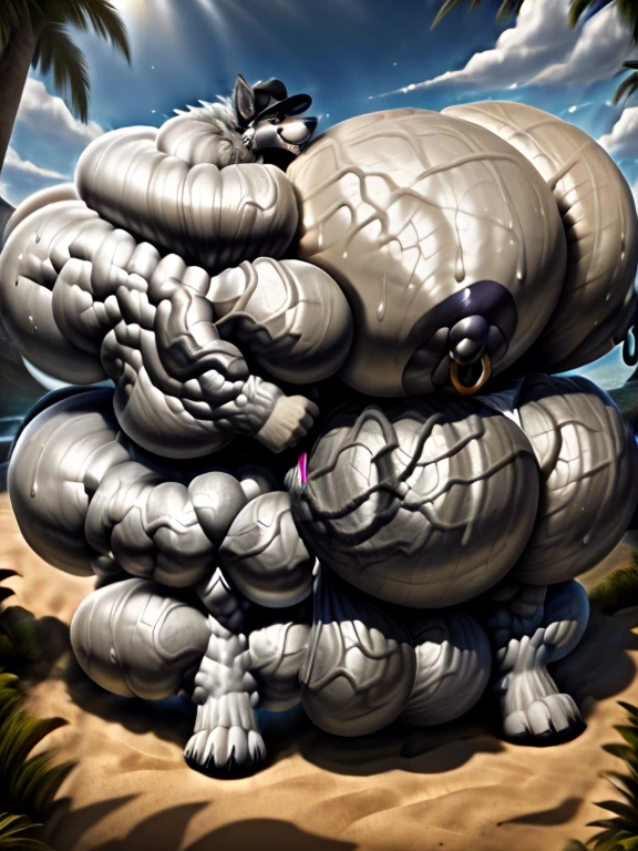 4k, high resolution, best quality, perfect lightning, perfect, solo, anthro, young, boy,white wolf:2.0, furry body, (fluffy mane:1.2), fluffy tail, male, adult, (bulky2:0, thick muscles2:0, huge muscles:2.0, hyper muscles:2.0), (thick biceps, veiny biceps, big broad veiny pecs:2.0, broad shoulders:2.0), (thick legs, thick calves:1.1), (digitigrade legs, 4 toes:1.2), perfect colors, (photorealistic fur, detailed fur, epic, masterpiece), (suggestive posing:1.2), (seductive smile, lustful grin 1.3), detailed beach:2.0,detailed wolf eyes:2.0, by k0suna, by darkgem,nipple ring,big pecs:2.0,hyper arms:2.0,veins,white body,white fur,hyper butt:2.0,hyper paws:2.0,standing,thick legs,thick butts:2.0,sweat body:2.0,massive butt:2.0,black hat,hyper ass:2.0,huge ass:2.0,presenting butt:1.2,long legs,juicy butt:2.0,hyper ass,black fundoshi
