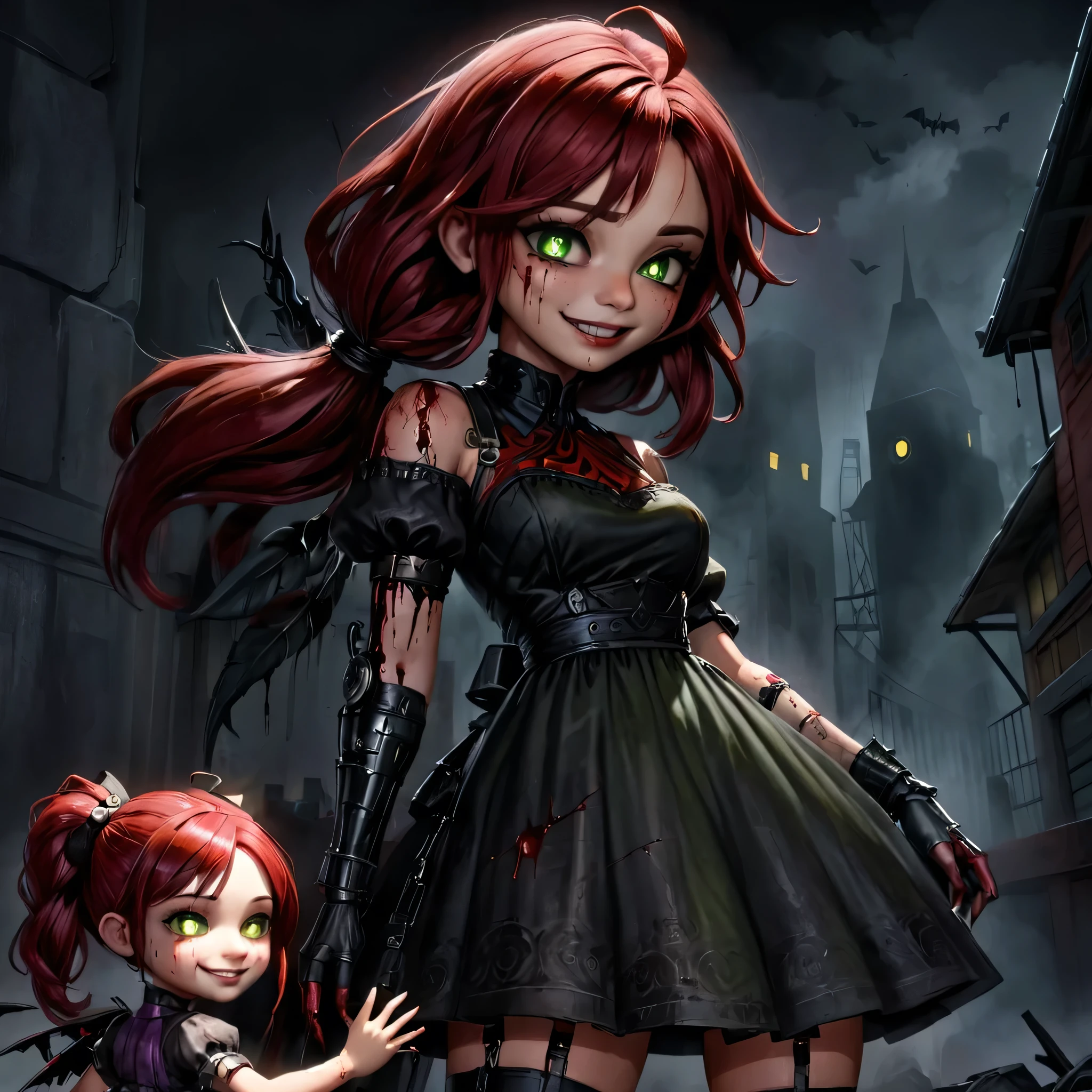 Little sister and big daddy,masterpice, bioshockstyle, 8k, ultra detailed, soft lighting, pmmkr2024, cartoon, creature, best quality, trending on artstation,1little sister smile,1big daddy,1big sister,nice art,perfect art,nice detailed art,nice detailed body,nice detailed face,nice detailed hands,highres, an image of a beautiful cyberpunk  Mila Kunis fairy goth robot, green eyes, red wine hair best quality, 8k, best quality, ultra-detailed,1girl, , 6 years old, solo, 1girl, lilsis, dirty, blood, blood muddy dress, black hair, dress, horror \(theme\), solo, glowing eyes, creepycute, (house:1.4)