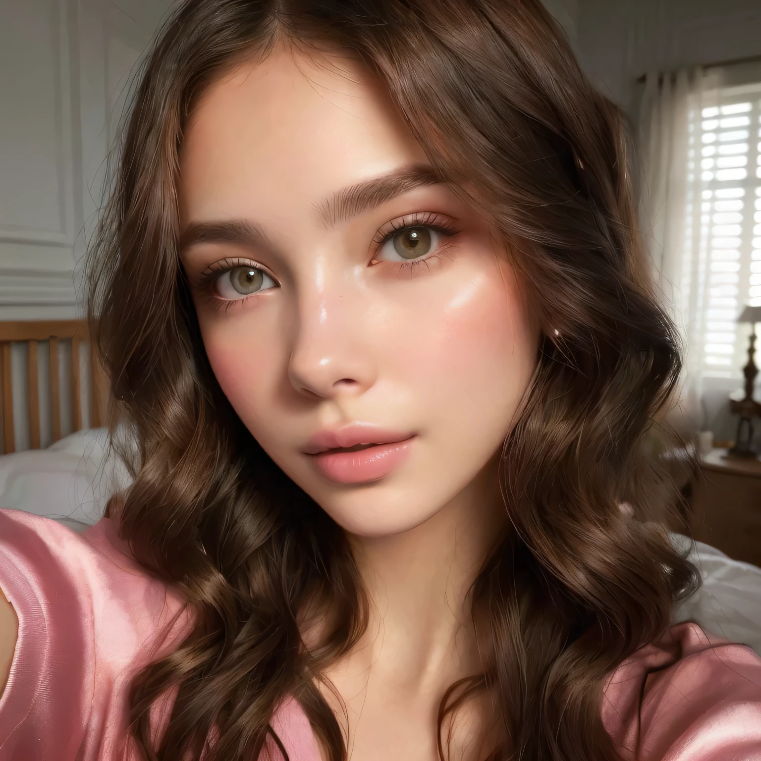 Un primer plano de una mujer con cabello largo y una camisa rosa, Retrato de Sophie Mudd, maquillaje suave, anna nikonova aka new milkmaid, photohermoso rostro realista, retrato suave 8 K, cara rosa brillante, retrato de alta calidad, hermoso rostro realista, hermoso rostro realista, pintura digital brillante, in bowater art style, retrato nft, cara perfecta )