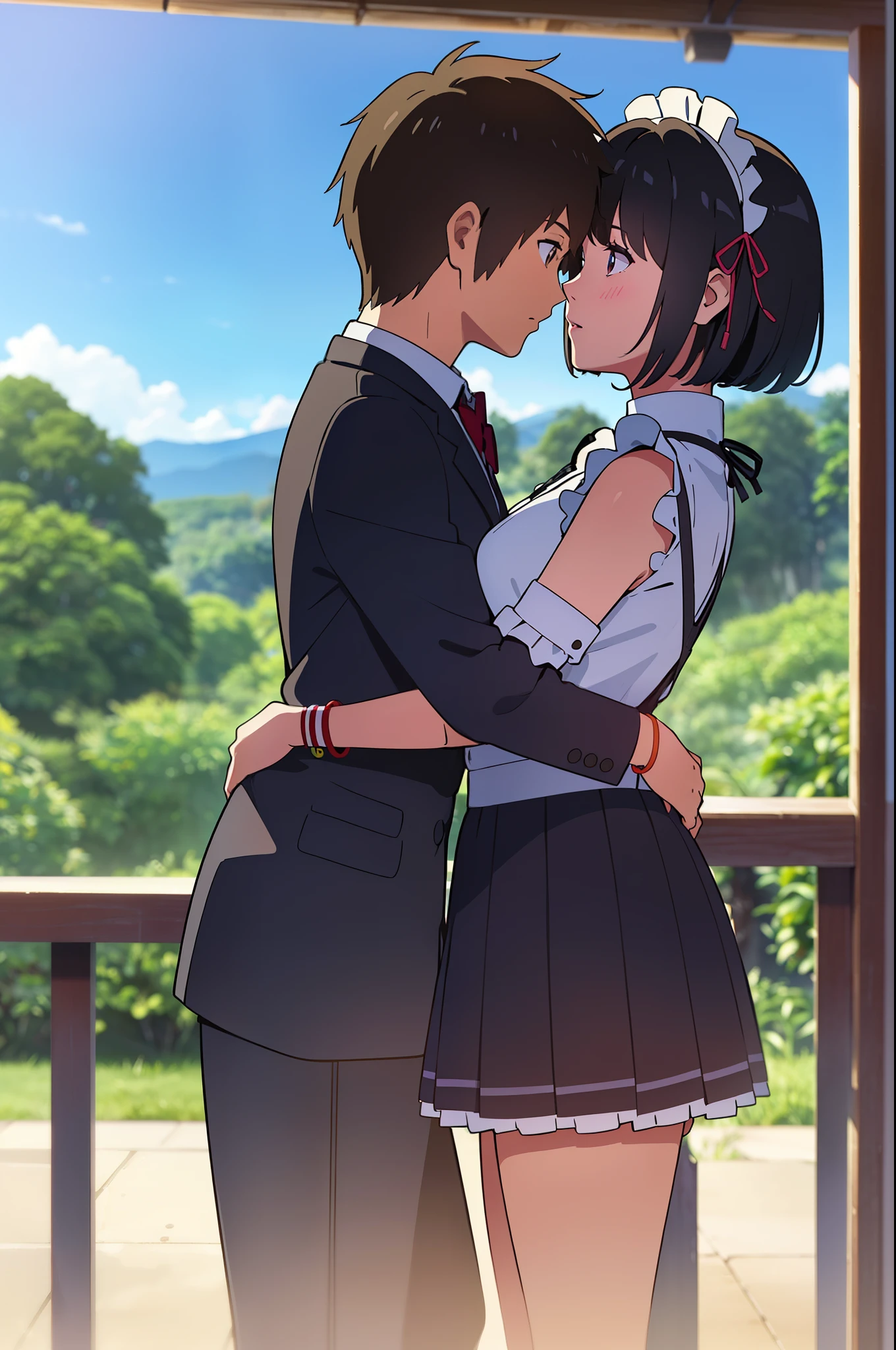shinkai makoto, kimi no na wa., 1girl, 1boy, bangs, black hair, blush, brown eyes, (boy wear Suspender Clothes), ((girl wear maid dress, short dress, short skirt, maid headdress), bow, ribbon, short hair, cute, love, couple, adorable, Off-the-shoulders, dating, (((face to face))), bracelet, passionate hug, Rainforest background, in the forest, park, night, night sky, scenery