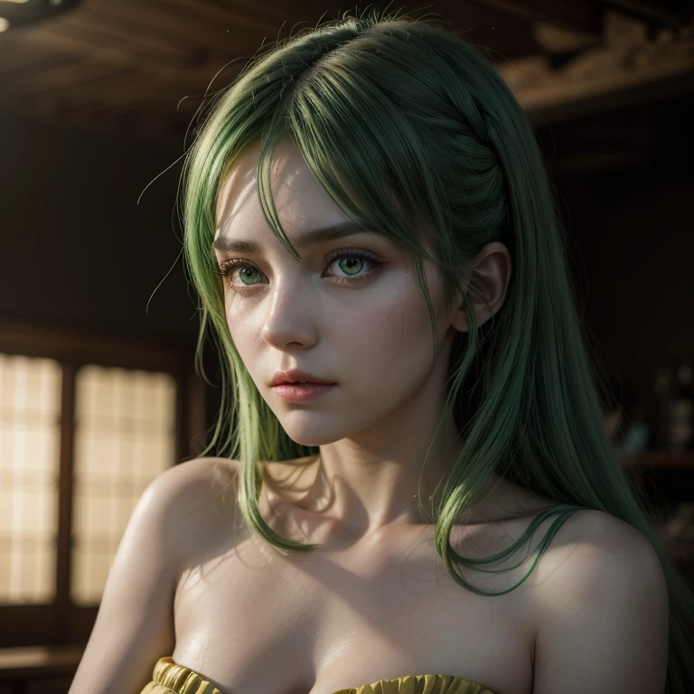 perfect face,Green hair , Yellow eyes ,red wedding dress wearing woman,Photorealism v8, high quality,8k, detail, cinematic lighting , full picture 