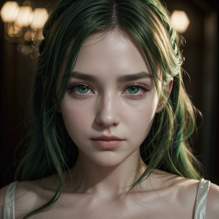 perfect face,Green hair , Yellow eyes ,red wedding dress wearing woman,Photorealism v8, high quality,8k, detail, cinematic lighting , full picture 