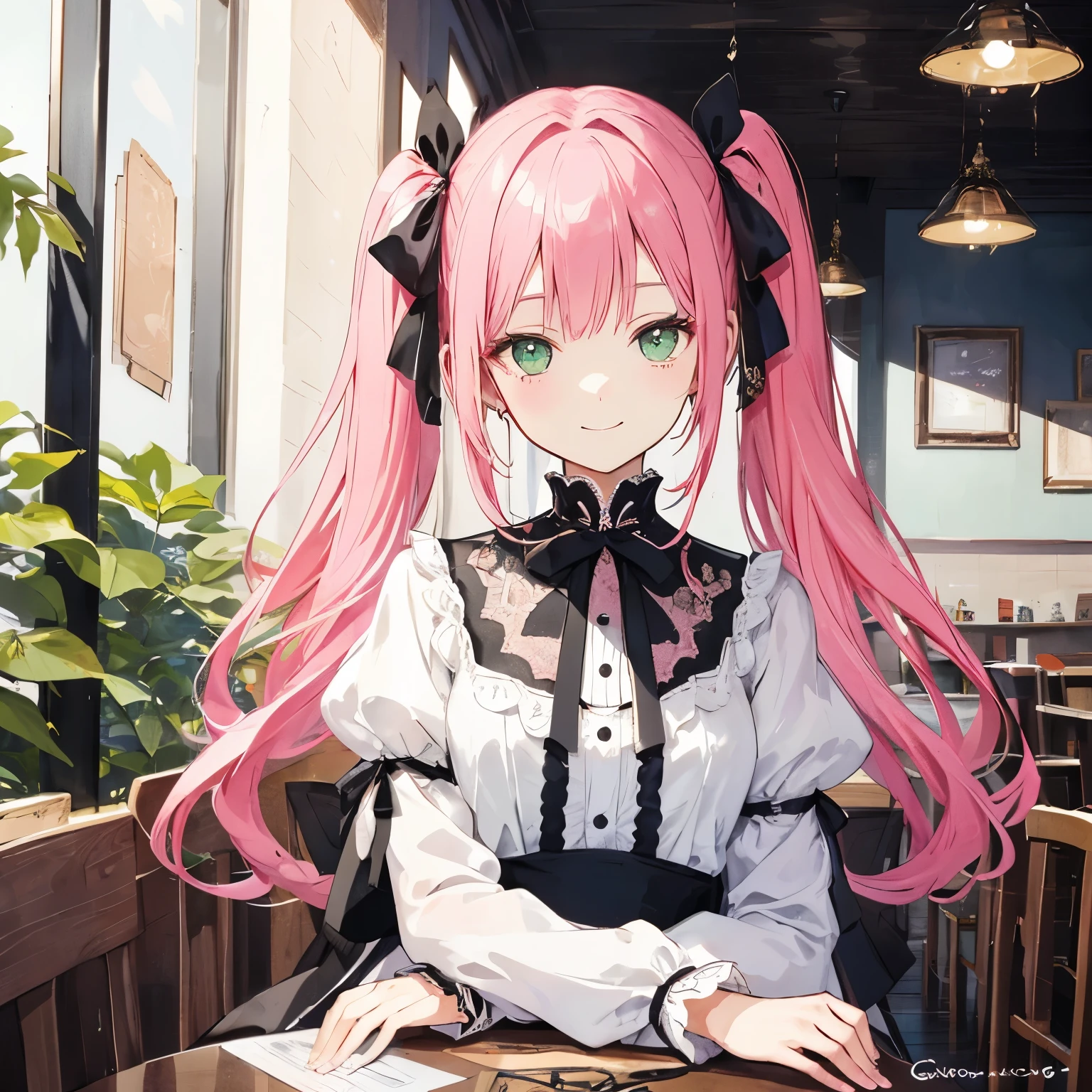 Transparent watercolor,With a girl,Jewel Eyes,Beautiful arrangements and motifs、Slight、Game character design、Written boundary depth , wonderful, beauty、Transparency、Game character design、(One Girl:1.0)、Pink Hair、Twin tails、cute、Upper Body、Green Eyes、Inside the cafe、Cafe Background、Sit on a chair、Mass-produced fashion,White and pink attire、front、smile、Black Ribbon