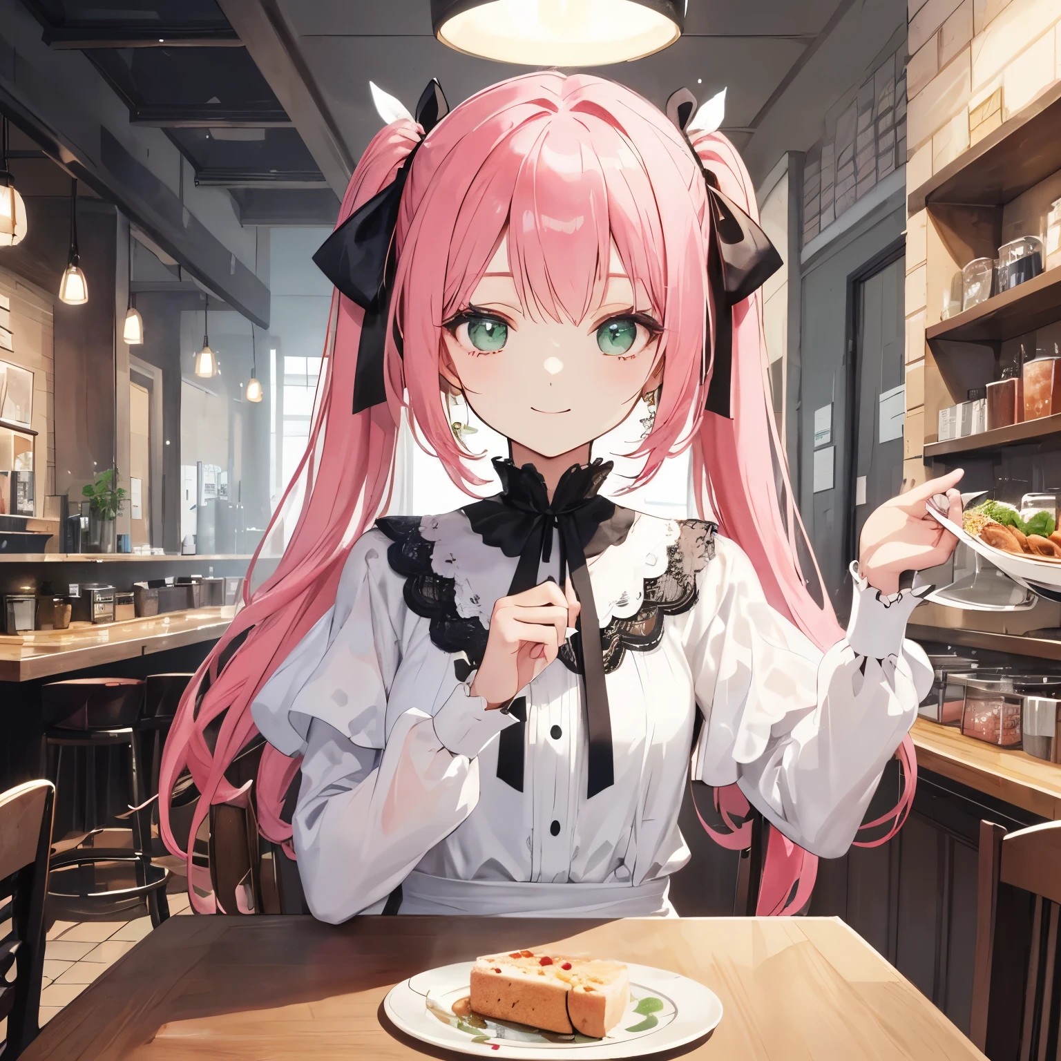 Transparent watercolor,With a girl,Jewel Eyes,Beautiful arrangements and motifs、Slight、Game character design、Written boundary depth , wonderful, beauty、Transparency、Game character design、(One Girl:1.0)、Pink Hair、Twin tails、cute、Upper Body、Green Eyes、Inside the cafe、Cafe Background、Sit on a chair、Mass-produced fashion,White and pink attire、front、smile、Black Ribbon