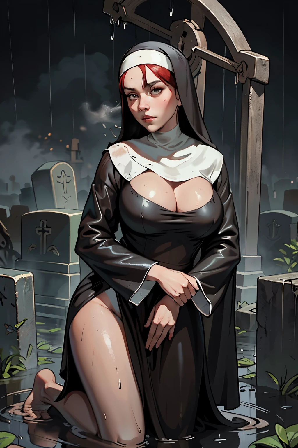 ((highest quality)), ((masterpiece)), (be familiar with), Perfect Face, (High definition), (Best Shadow), 8K, cinematic, (Realistic:1.4),dramatic, ((A nun straddling a tombstone)), ((Covered in mud:1.1)), (Red hair), ((extra short hair)), (Mouth open), (Anguished expression:1.1), (Pure white skin:1.1), Voluptuous body, (Large Breasts:1.1), Narrow waist, BIG ASS, Alluring, Soaked and torn robes, barefoot, Rain on the skin, Boneyard, Boneyard, (heavy rain:1.4), Heavy rain in the middle of the night, (steam:1.4), Top-down view, Bust Shot