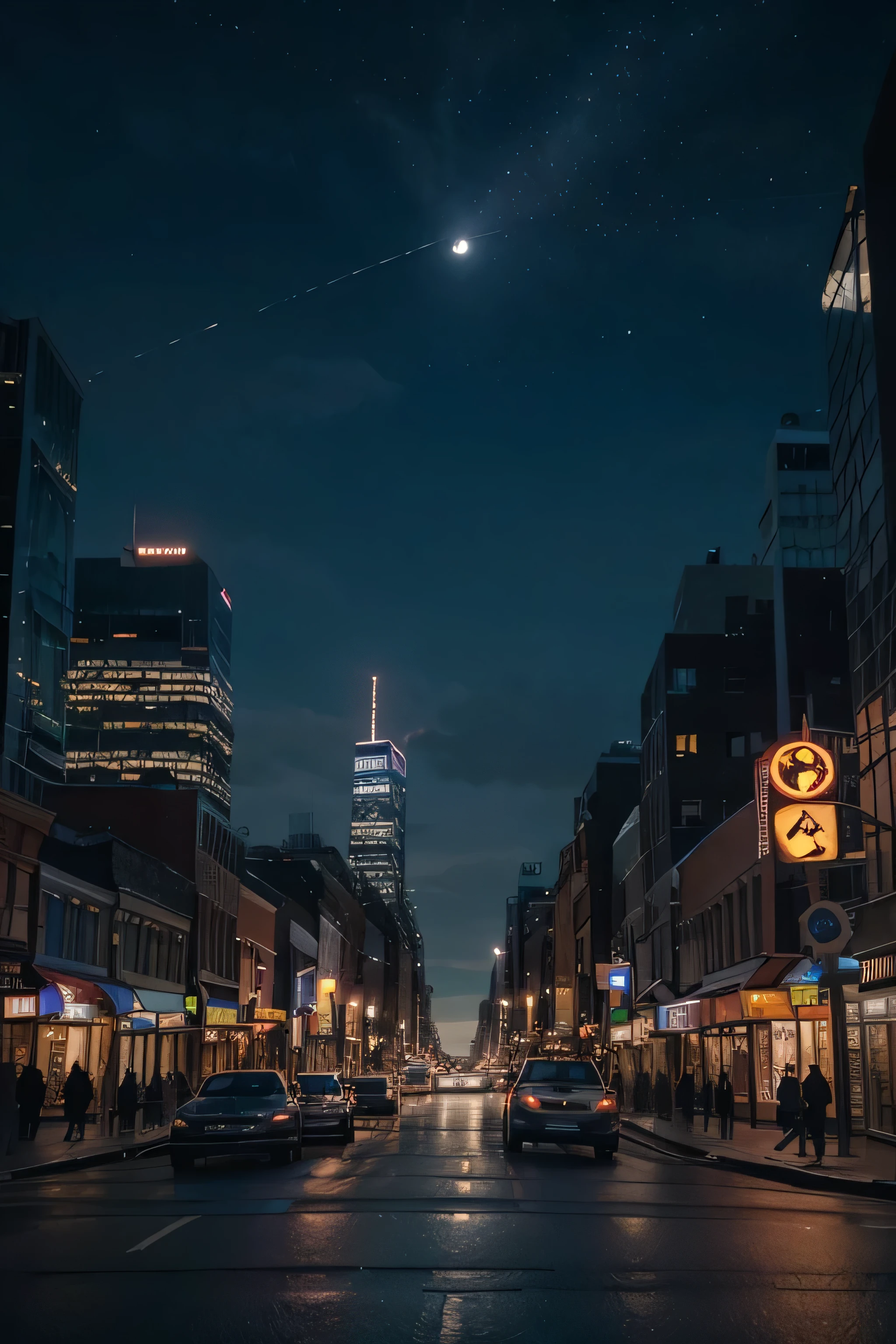 (best quality,highres:1.2),ultra-detailed,realistic(medium:1.1) cityscape at night,with star-filled sky(big city:1.1),(downtown district) seen from below the skyscrapers, vibrant lights illuminating the streets, (busy traffic) with cars and buses passing by, (glimmering reflections) on the wet asphalt, (people:1.1) walking on the sidewalks, enjoying the lively atmosphere. The architecture showcases a mix of modern and traditional buildings, creating a unique skyline. The stars in the night sky shine brightly, creating a sense of tranquility and wonder. The moon casts a gentle glow over the city, adding to the peaceful ambiance. The colors in the scene are rich and vibrant, with a (cool-toned:1.1) color palette dominated by shades of blues and purples. The lighting in the city is a combination of (warm streetlights:1.1) and (soft moonlight:1.1), creating a beautiful contrast between light and shadow. The image quality is (4K:1.1), capturing every detail and enhancing the overall realism. The artwork is created using a combination of (digital painting) and (photorealistic rendering), resulting in a visually stunning masterpiece.
