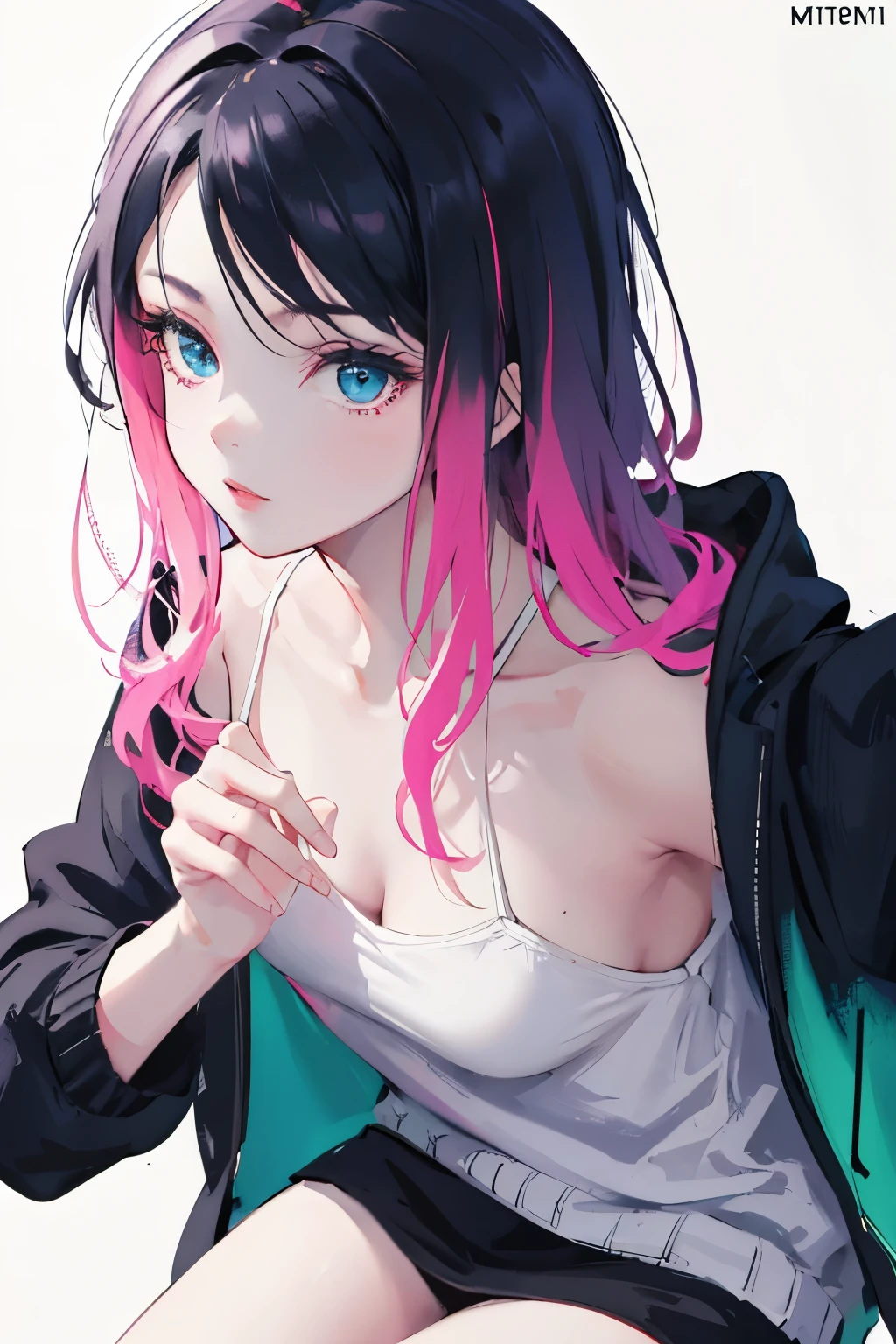 girl with long black and light pink ombre hair, blue eyes, she is wearing a black spaghetti strap style dress and a light pink cardigan, wearing a black high-top converse, aesthetically pleasing 2D focus anime with a touch of realistic vibes, Touches of sage green, plain white background, Fortnite survey skin art style, Valorant Art Style, Mitsuri kanroji theme